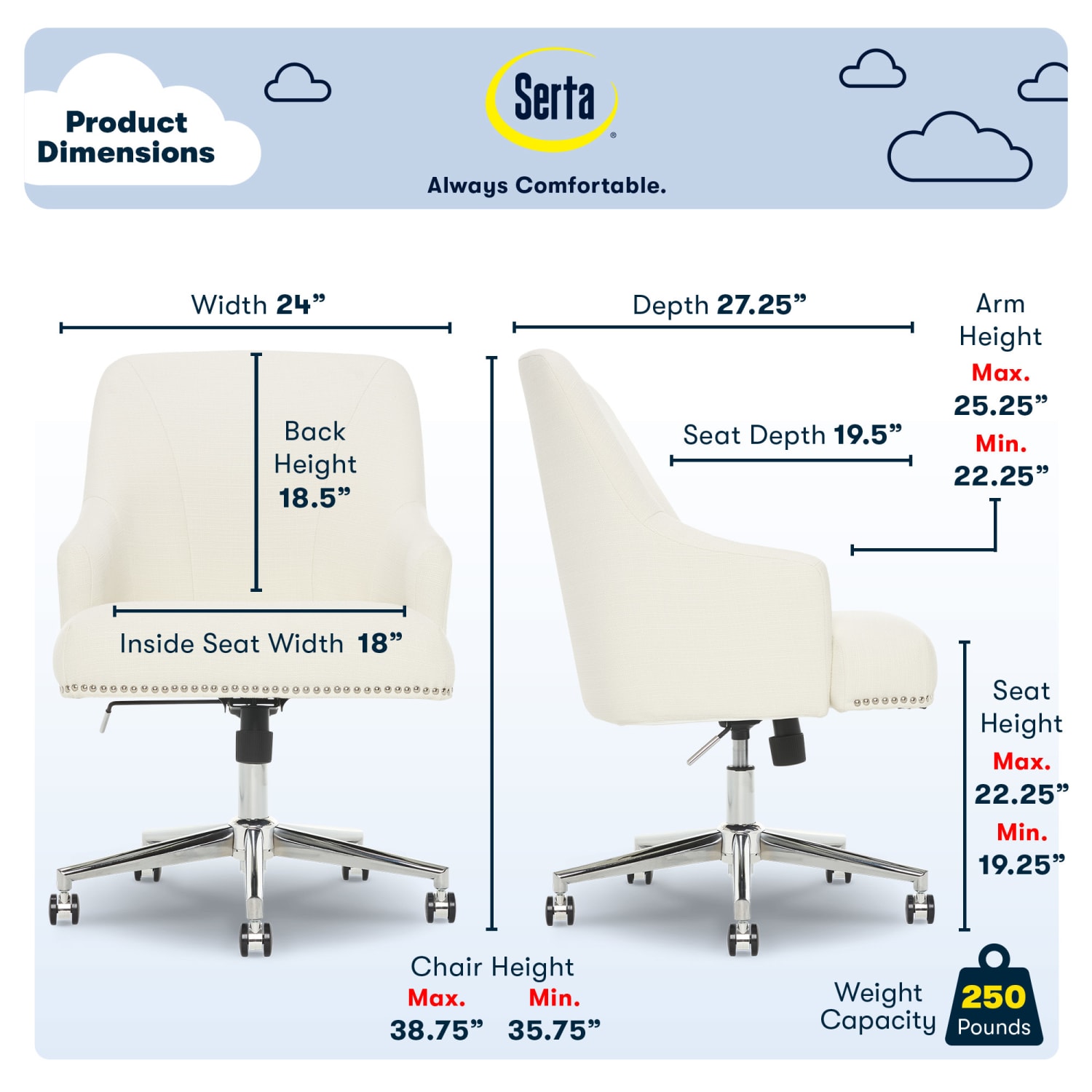 Serta Leighton Mid-Back Office Chair, Ivory/Chrome - Image 4