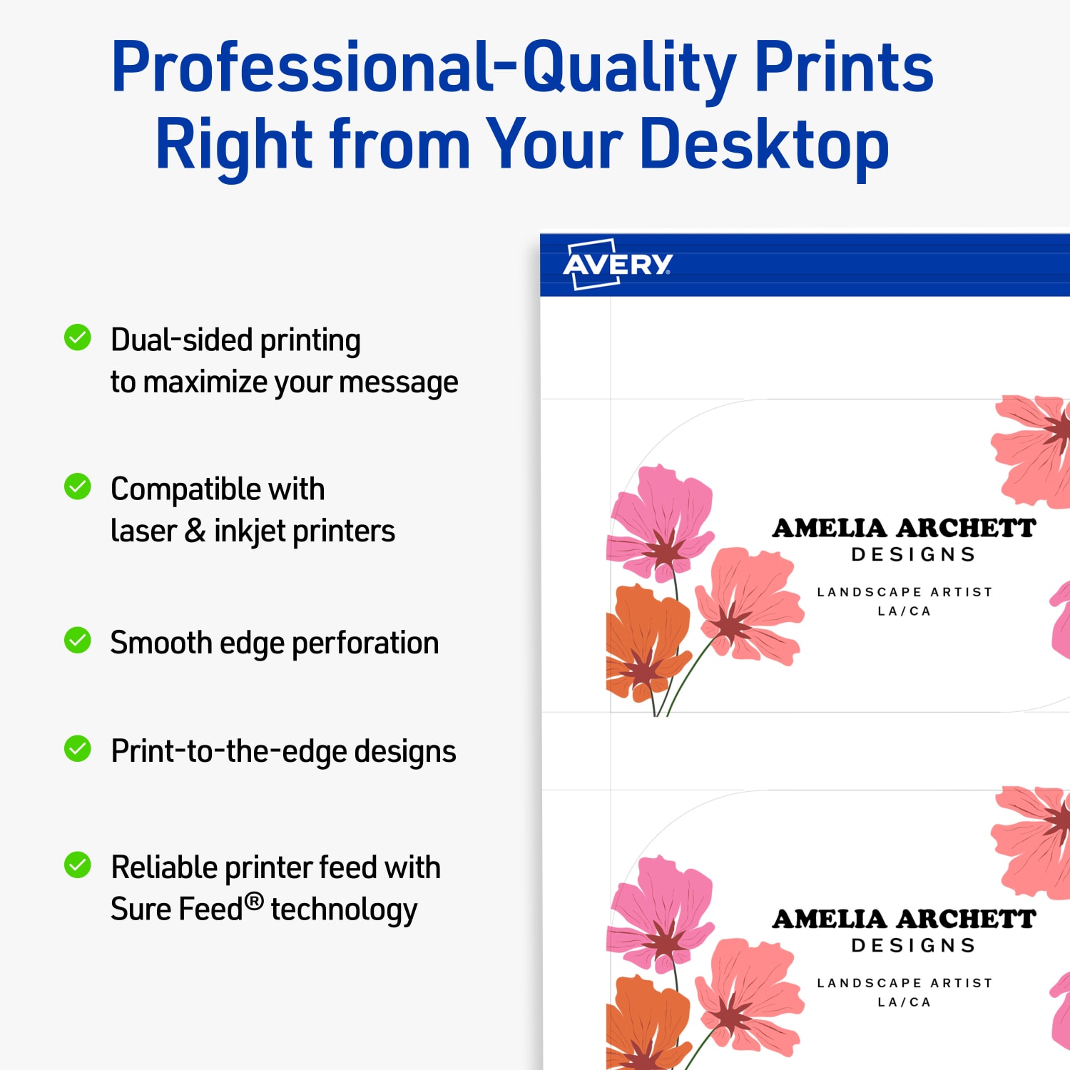 Avery Print-To-The-Edge Business Cards With Sure Feed Technology, 2inx3-1/2in Leaf, Matte White, Pack Of 80 - Image 3