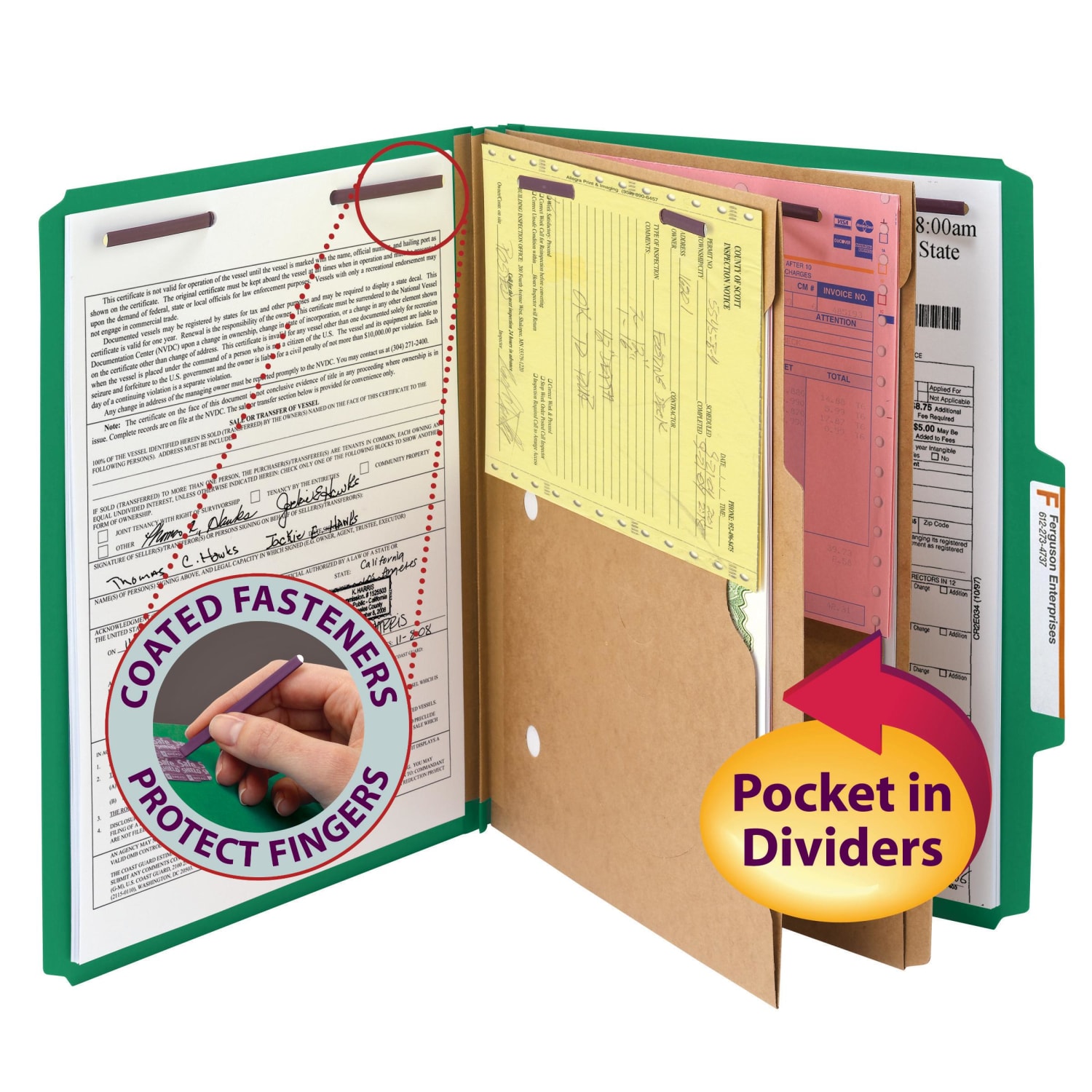 Smead Pressboard Classification Folders With SafeSHIELD Fasteners And 2 Pocket Dividers, Letter Size, 100% Recycled, Green, Box Of 10 - Image 3