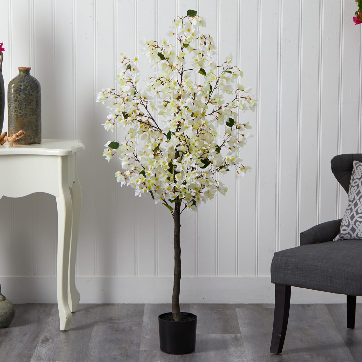 Nearly Natural Bougainvillea 60inH Artificial Plant With Planter, 60inH x 28inW x 9inD, White/Black - Image 4