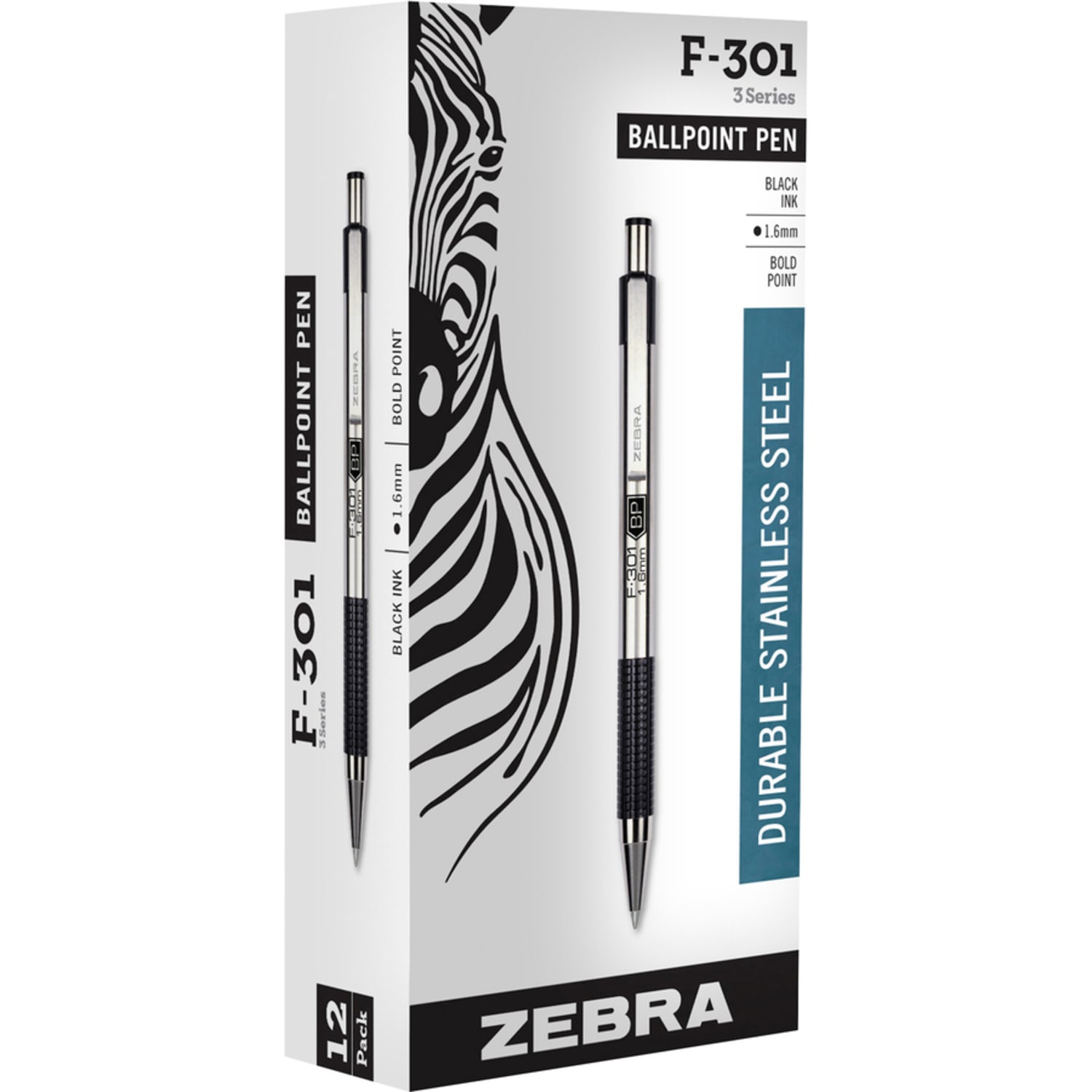 Zebra Pen F-301 Stainless Steel Retractable Ballpoint Pens, Pack Of 12, Bold Point, 1.6 mm, Silver Barrel, Black Ink - Image 4