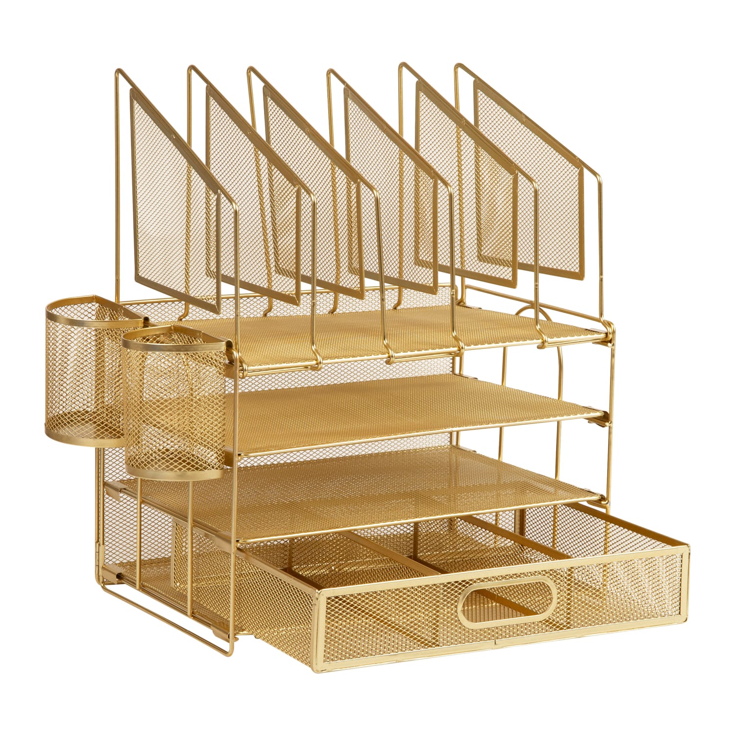 Office Depot Brand Mesh Desk Organizer With Vertical Storage And Pen Holders, 16inH x 12-3/4inW x 9-1/2inD, Gold - Image 3
