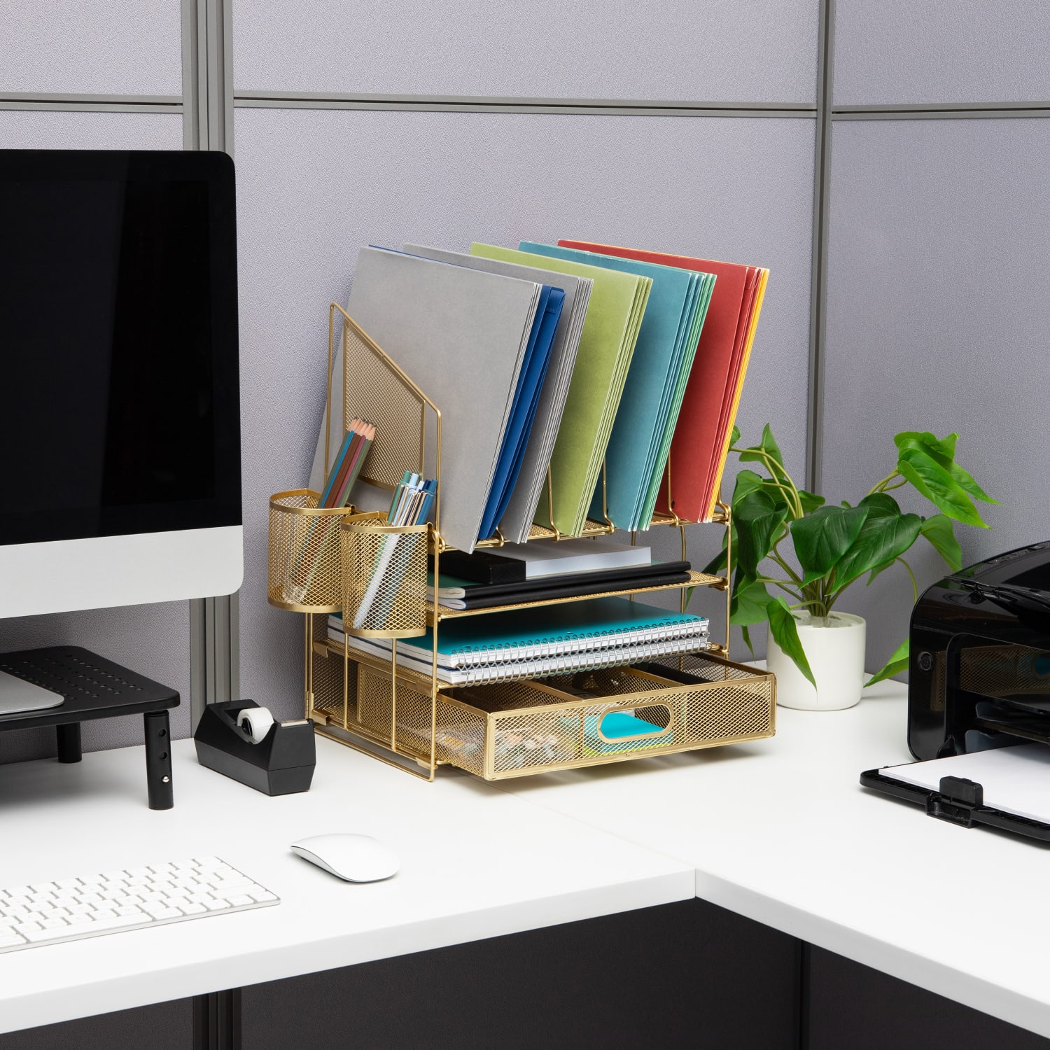 Office Depot Brand Mesh Desk Organizer With Vertical Storage And Pen Holders, 16inH x 12-3/4inW x 9-1/2inD, Gold - Image 4