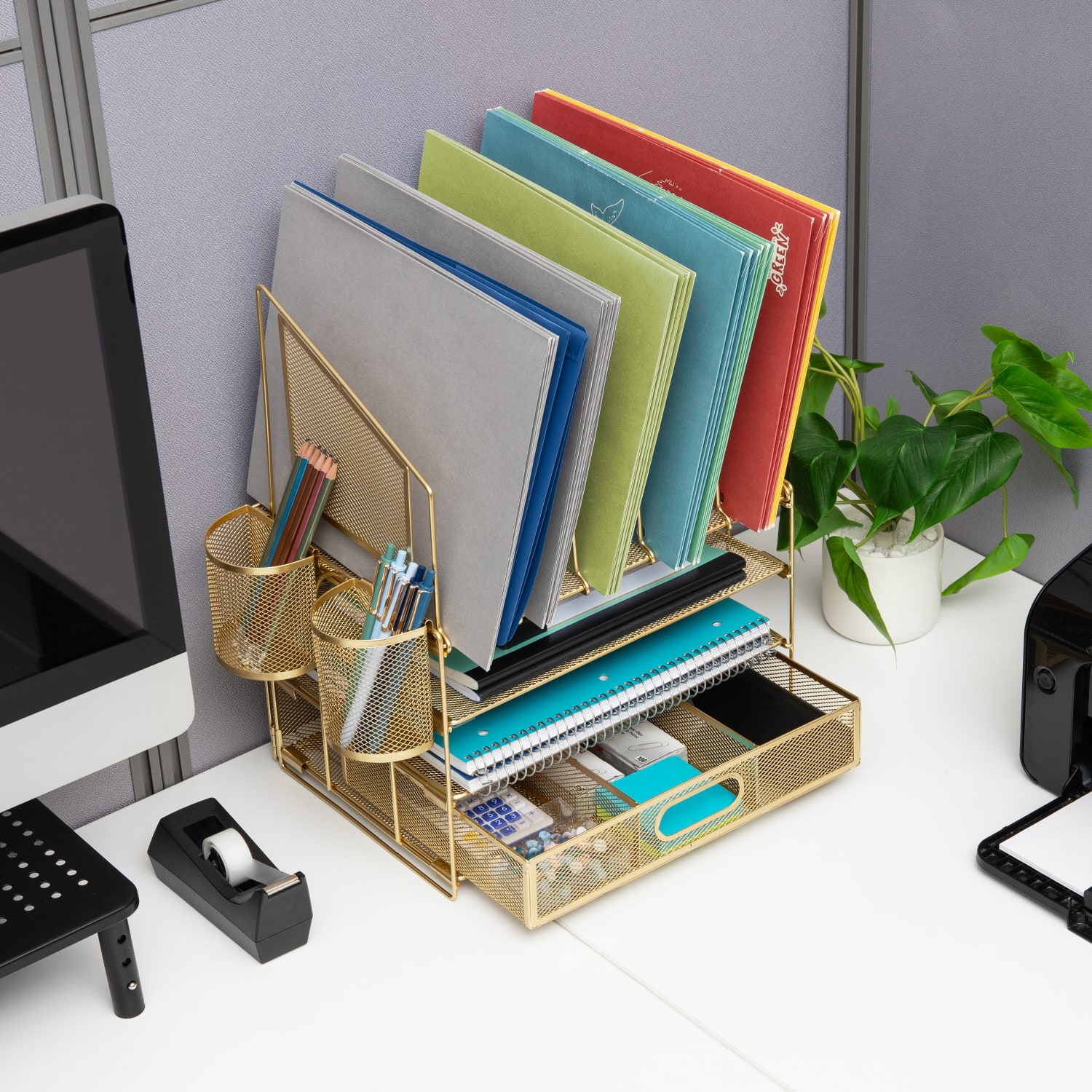 Office Depot Brand Mesh Desk Organizer With Vertical Storage And Pen Holders, 16inH x 12-3/4inW x 9-1/2inD, Gold - Image 5