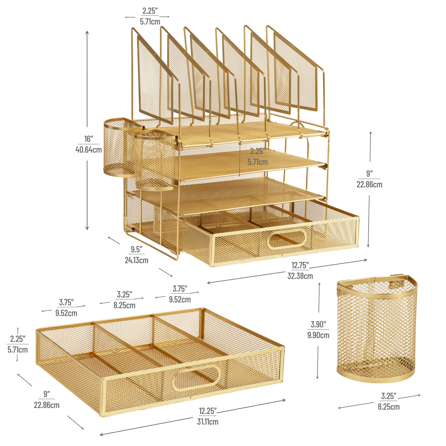 Office Depot Brand Mesh Desk Organizer With Vertical Storage And Pen Holders, 16inH x 12-3/4inW x 9-1/2inD, Gold - Image 6