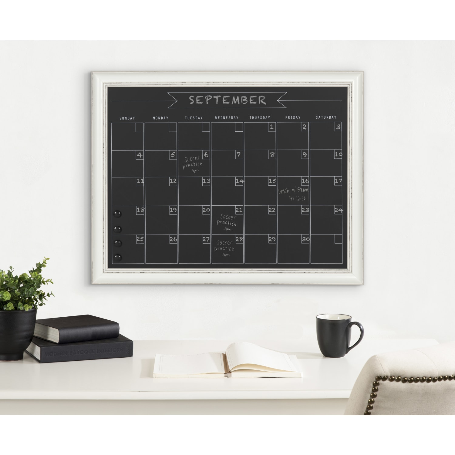Kate and Laurel Macon Magnetic Framed Chalkboard Monthly Calendar, 22-15/16in x 28-15/16in, Black, White Plastic Frame - Image 5