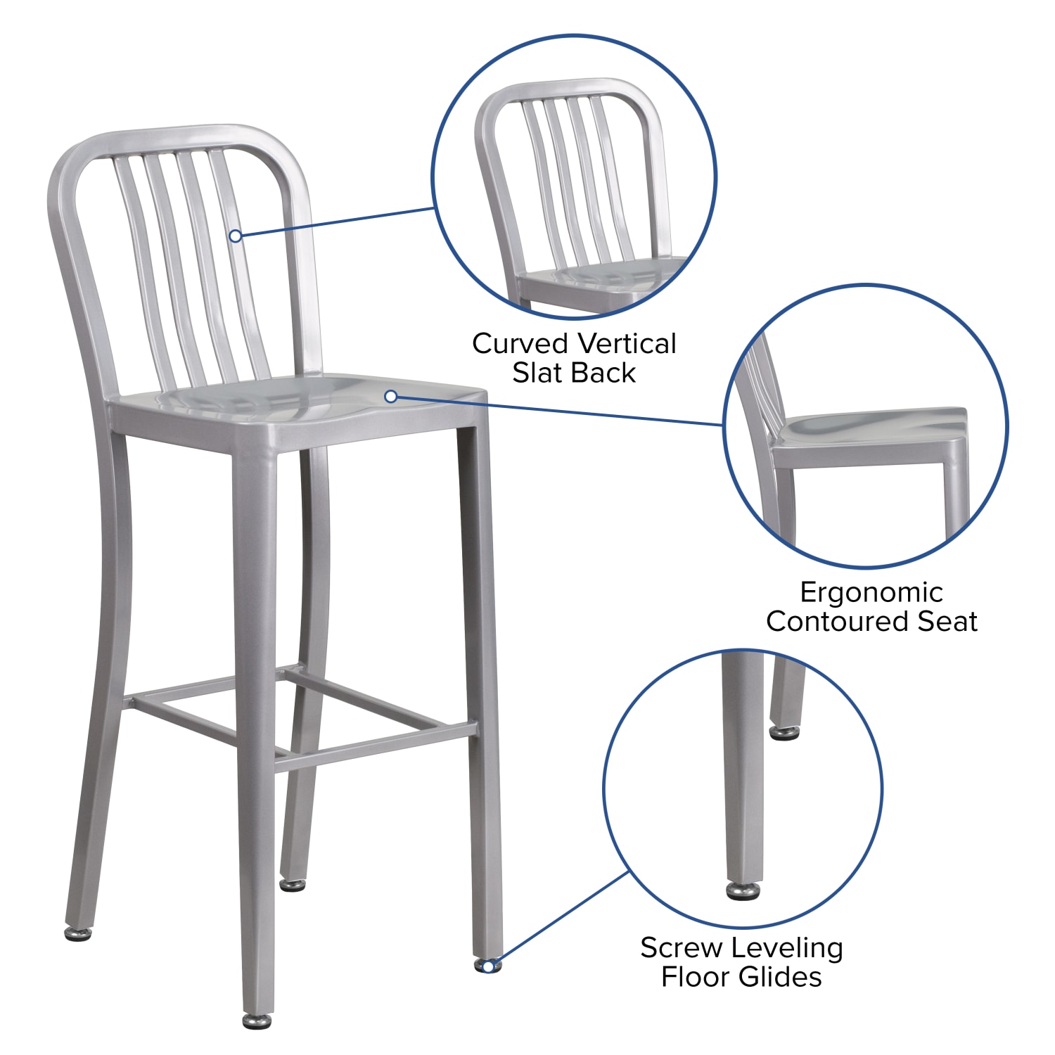 Flash Furniture Commercial Grade IndoorOutdoor Bar Stools With Vertical Slat Backs Silver Set Of 2 Stools PopularChairscom