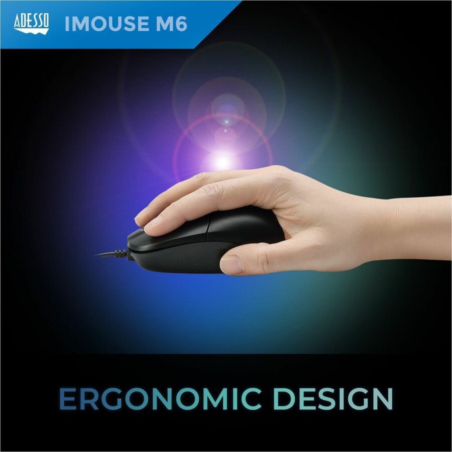 Adesso iMouse M6-TAA - Optical Scroll Mouse (TAA Compliant) - Full-size Mouse - Optical - Cable - Black - USB - 1000 dpi - Scroll Wheel - 3 Button(s) - Symmetrical - TAA Compliant - Image 4