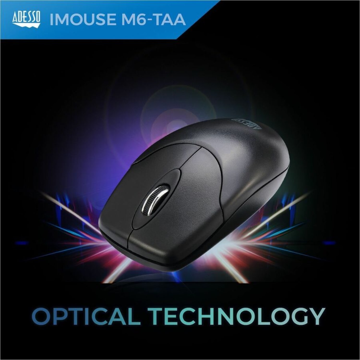 Adesso iMouse M6-TAA - Optical Scroll Mouse (TAA Compliant) - Full-size Mouse - Optical - Cable - Black - USB - 1000 dpi - Scroll Wheel - 3 Button(s) - Symmetrical - TAA Compliant - Image 6