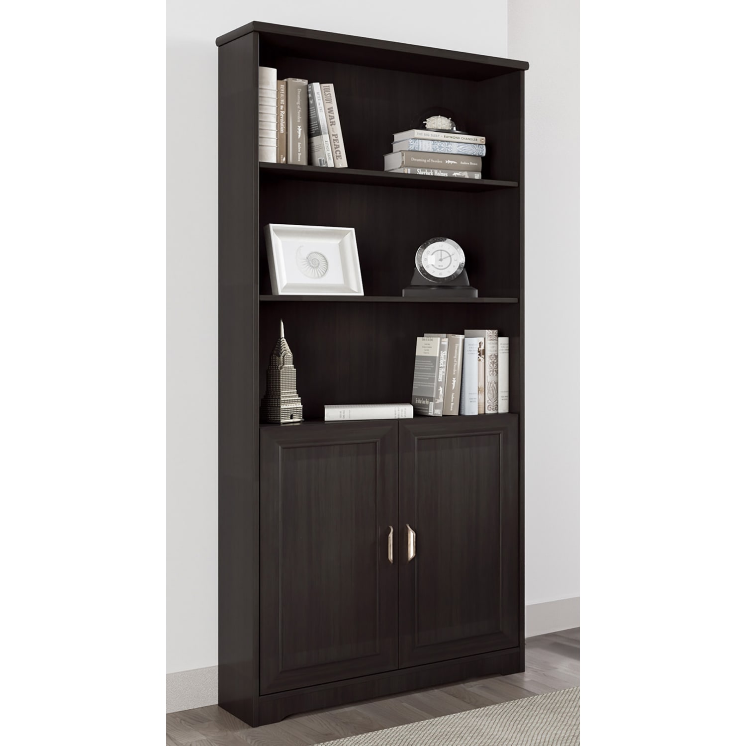 Realspace® Magellan 72H 5 Shelf Contemporary Bookcase with Doors EspressoDark Finish PopularChairscom