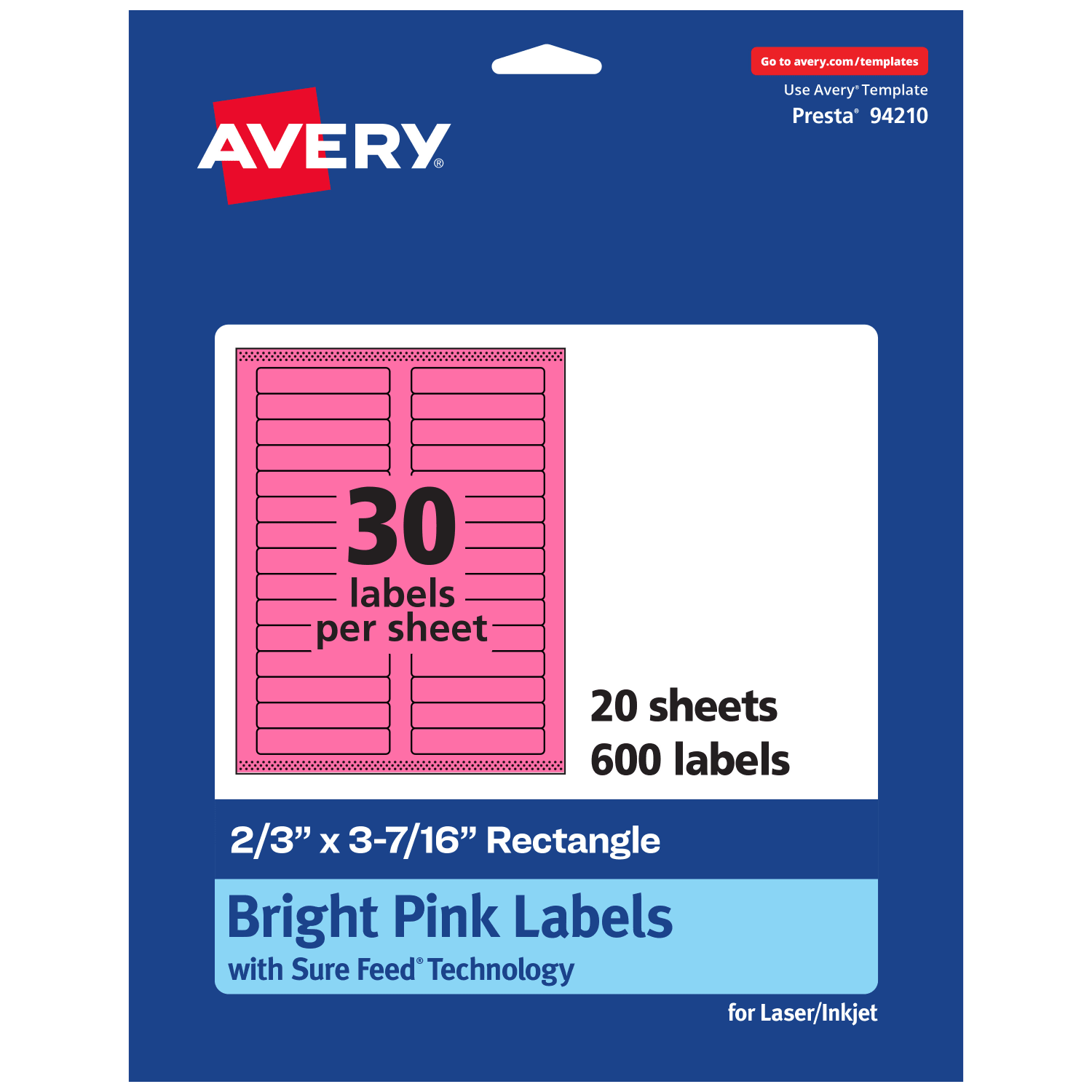 Avery Printable Labels With Sure Feed Technology, 94210-BPP20, Rectangle, 2/3in x 3-7/16in, Matte Bright Pink, Pack of 600