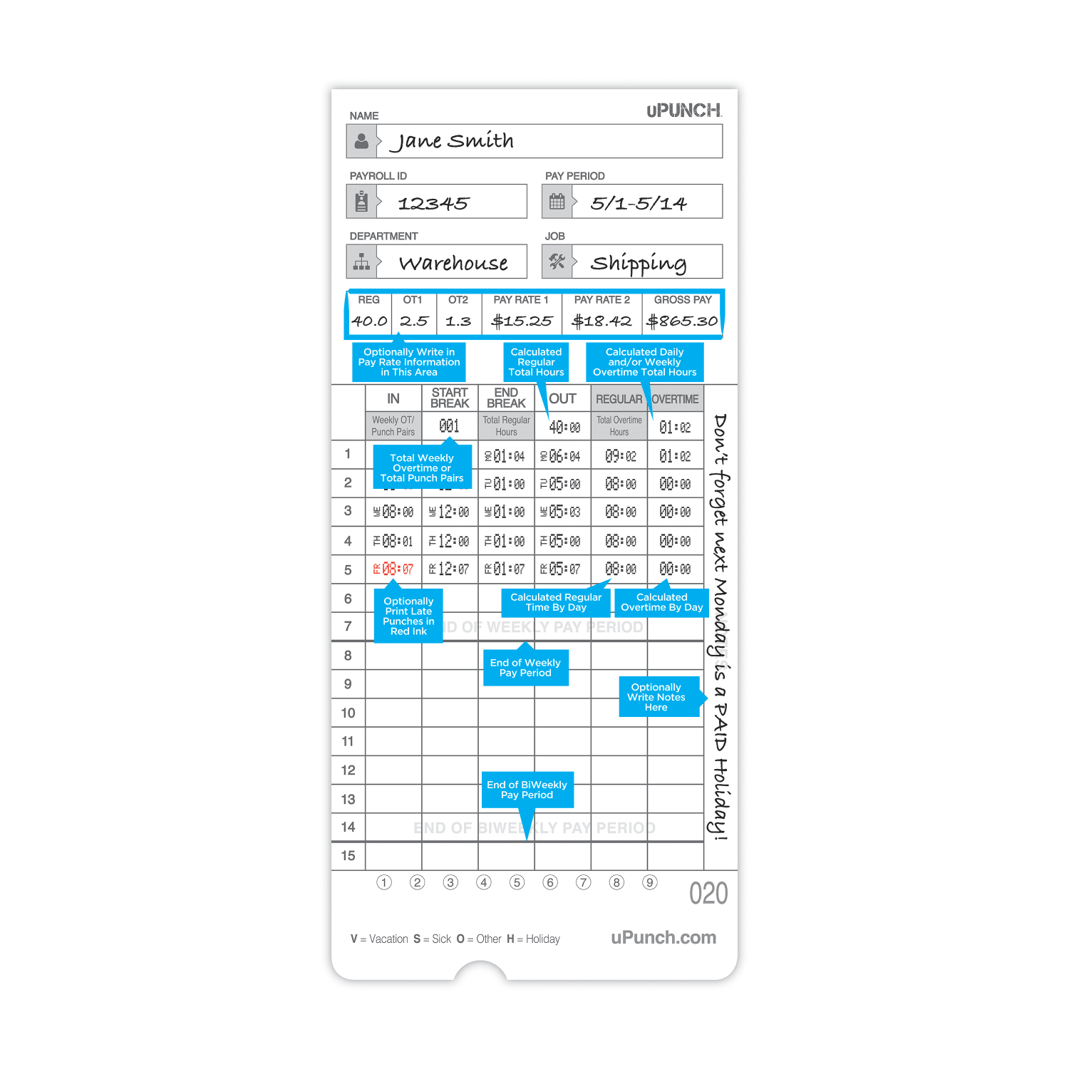 uPunch Time Cards, 2-Sided, 3.5in x 7.5in, Gray, Pack Of 100, HNTCL2100 - Image 4