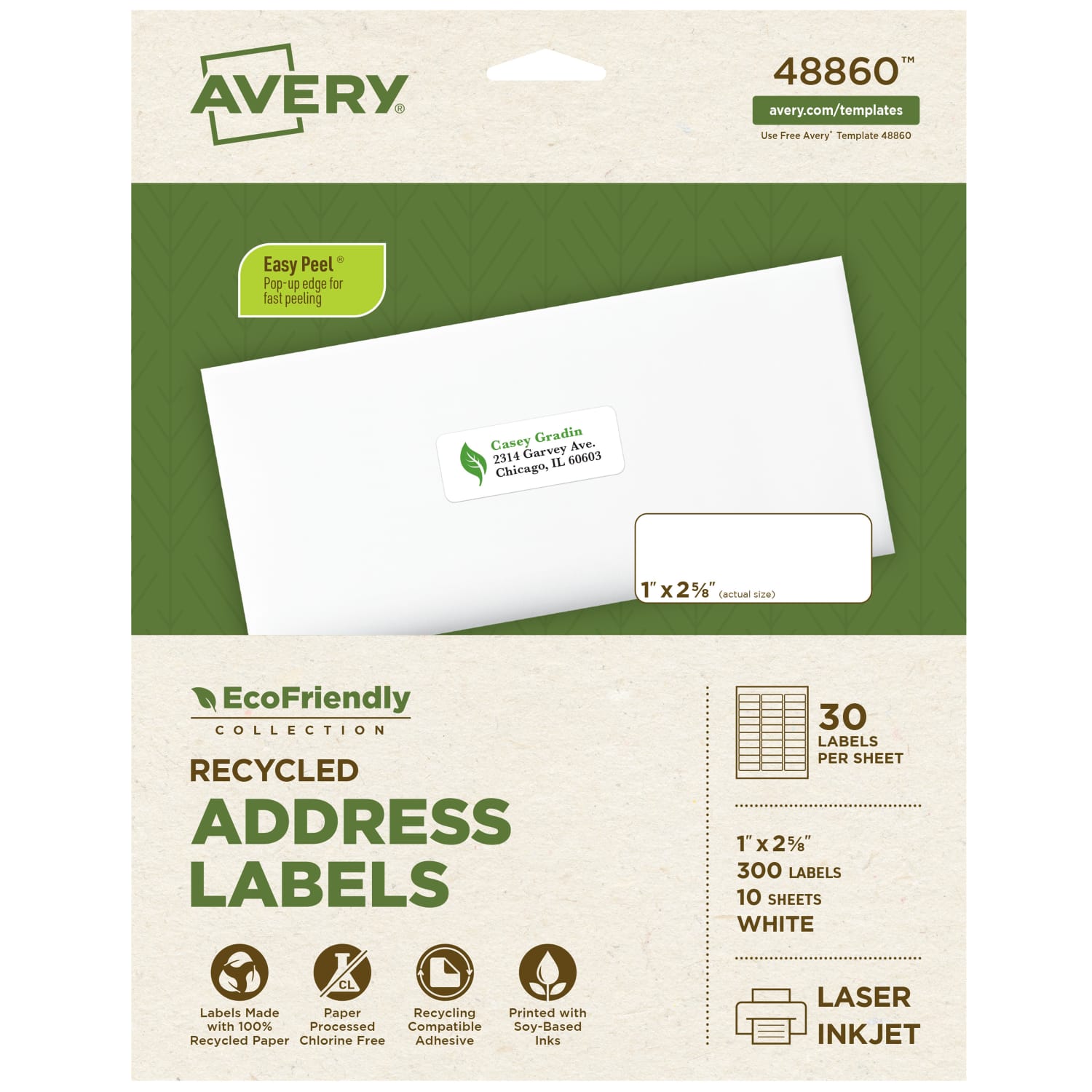 Avery EcoFriendly Recycled Labels, Rectangle, 1in x 2-5/8in, Matte White, Pack Of 300