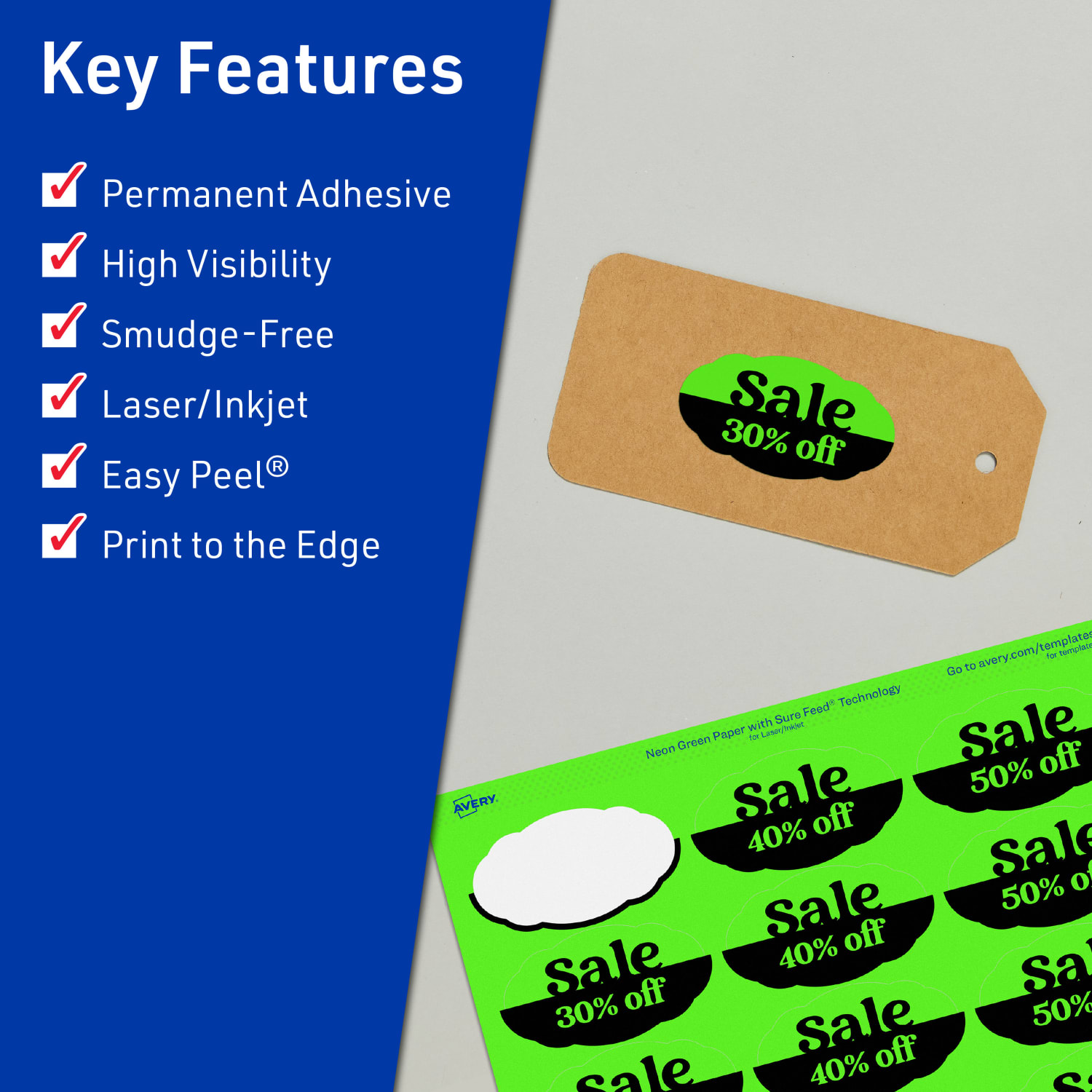 Avery Print-To-The-Edge Labels With Sure Feed Technology And Easy Peel, 94061-NGP10, Oval Scalloped, 1-1/8in x 2-1/4in, Matte Neon Green, Pack of 210 - Image 3