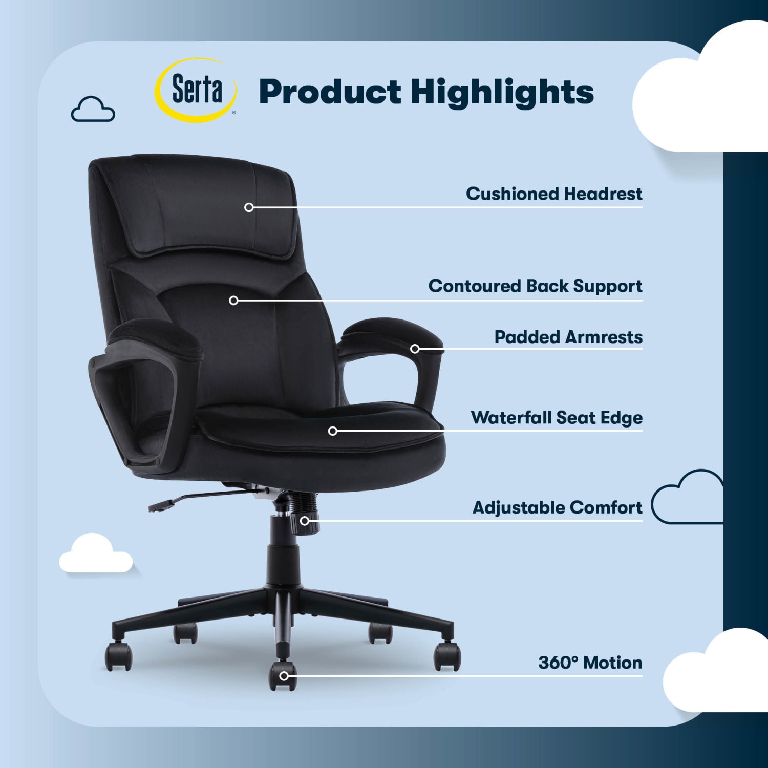 Serta Comfort Classic Ergonomic Fabric High Back Executive Office Chair Black PopularChairscom
