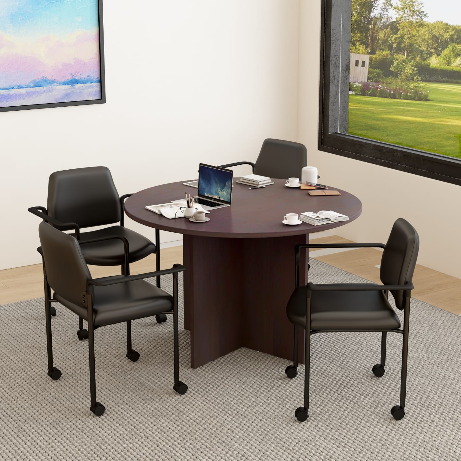 Boss Office Products Round Table And 4 Stackable Guest Chairs Set, Mocha/Black - Image 3