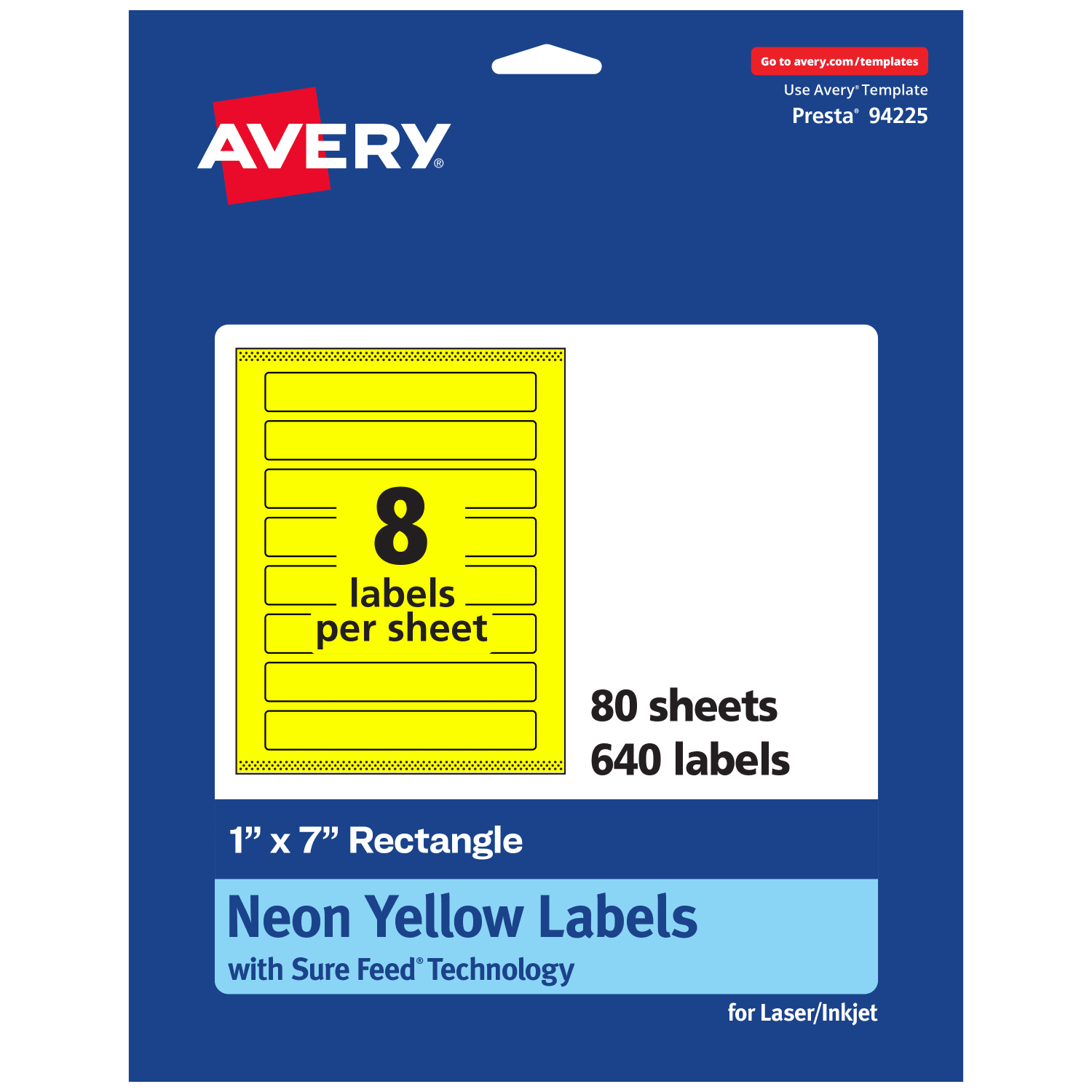 Avery Print-To-The-Edge Labels With Sure Feed Technology, 94225-NYP80, Rectangle, 1in x 7in, Matte Neon Yellow, Pack of 640