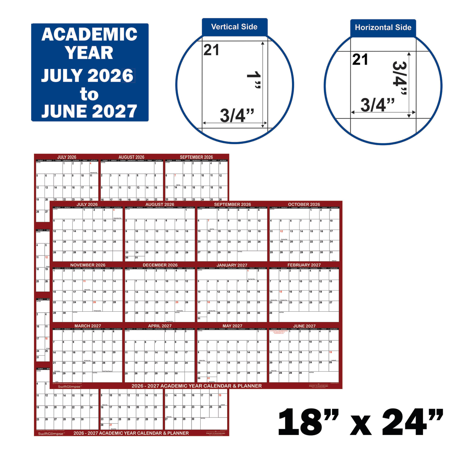 2026-2027 SwiftGlimpse Academic Monthly Wall Calendar, 18in x 24in, Maroon/White, July To June, Total Qty 1 - Image 3