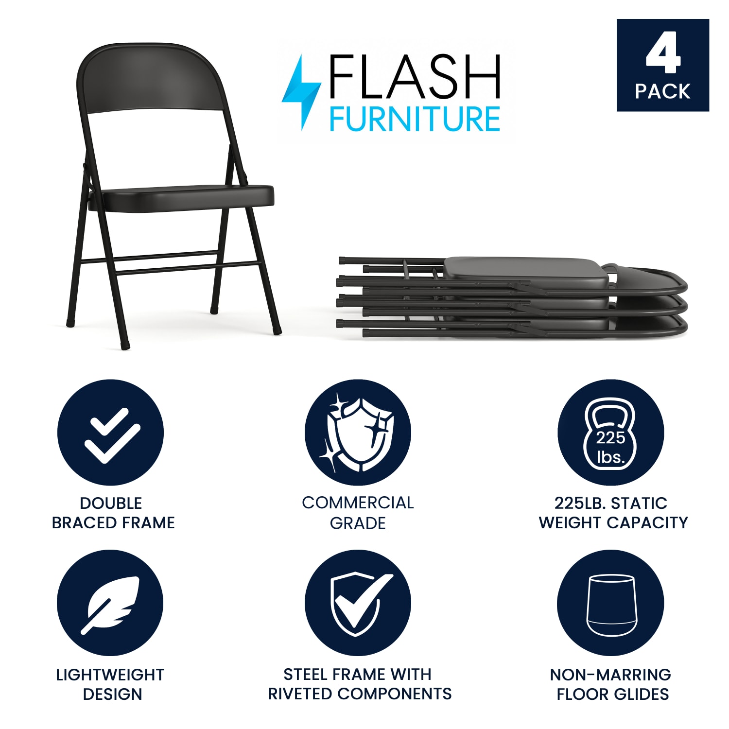 Flash Furniture Hercules Double-Braced Metal Folding Chairs, Set Of 4 Folding Chairs, Black - Image 3