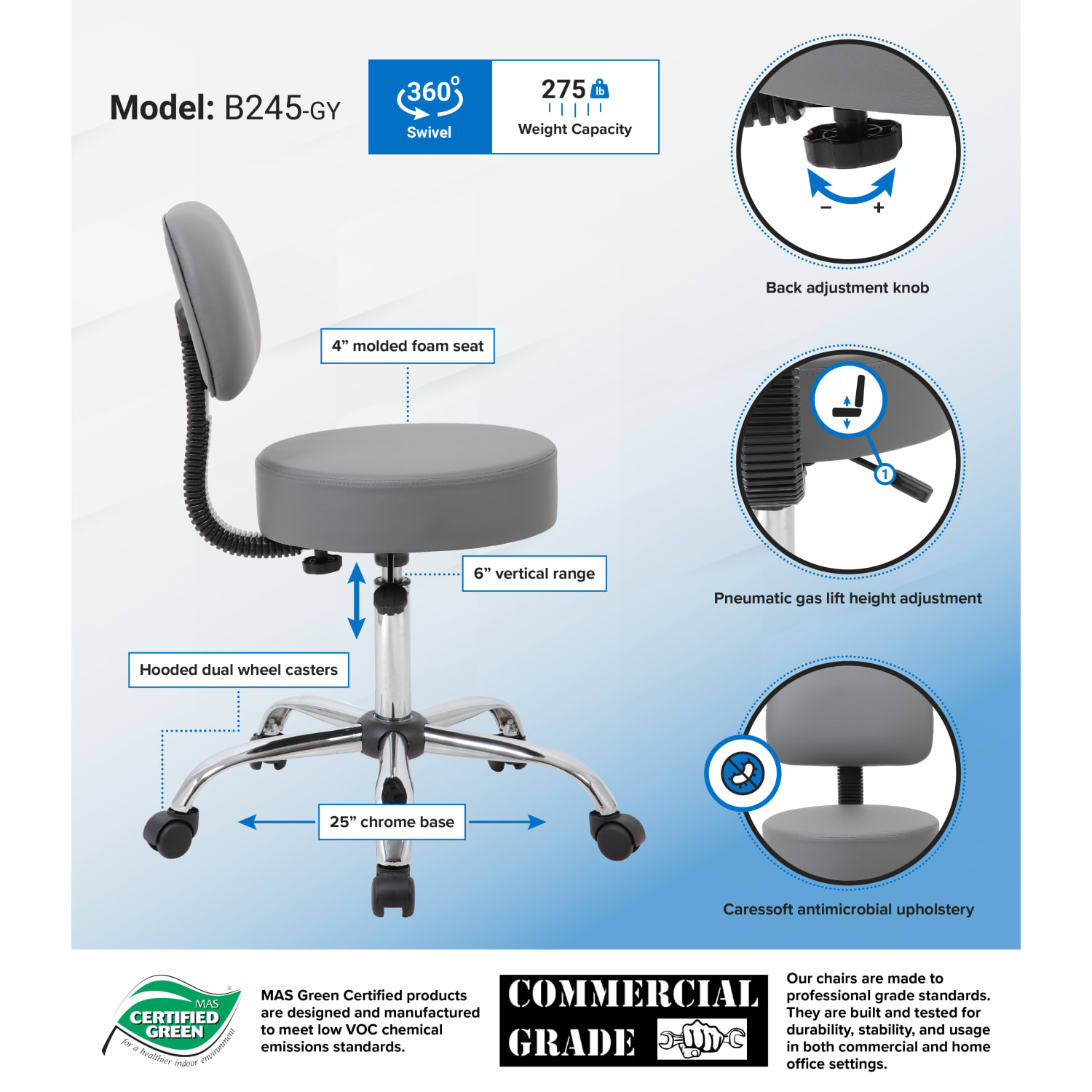 Boss Office Products Caressoft Medical Stool With Back GrayChrome PopularChairscom