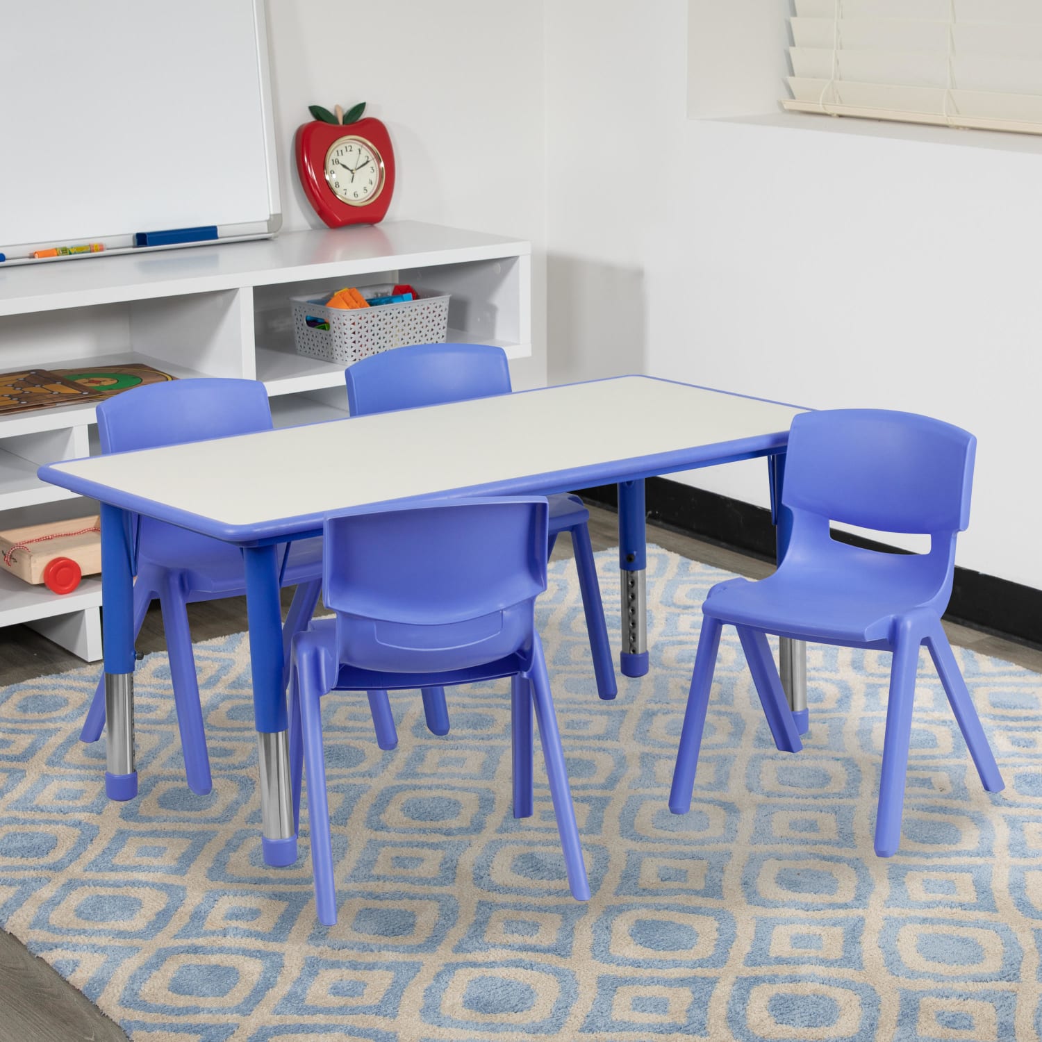 Flash Furniture Rectangular Plastic Height-Adjustable Activity Table Set With 4 Chairs, 23-1/2inH x 23-5/8inW x 47-1/4inD, Blue