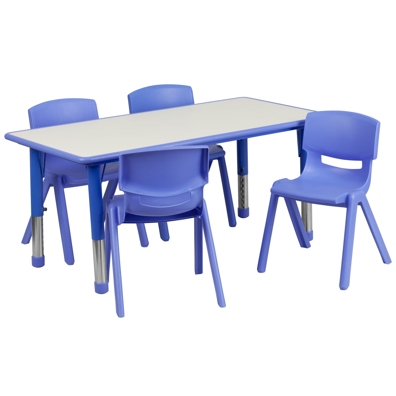 Flash Furniture Rectangular Plastic Height Adjustable Activity Table Set With 4 Chairs 23 12inH x 23 58inW x 47 14inD Blue PopularChairscom