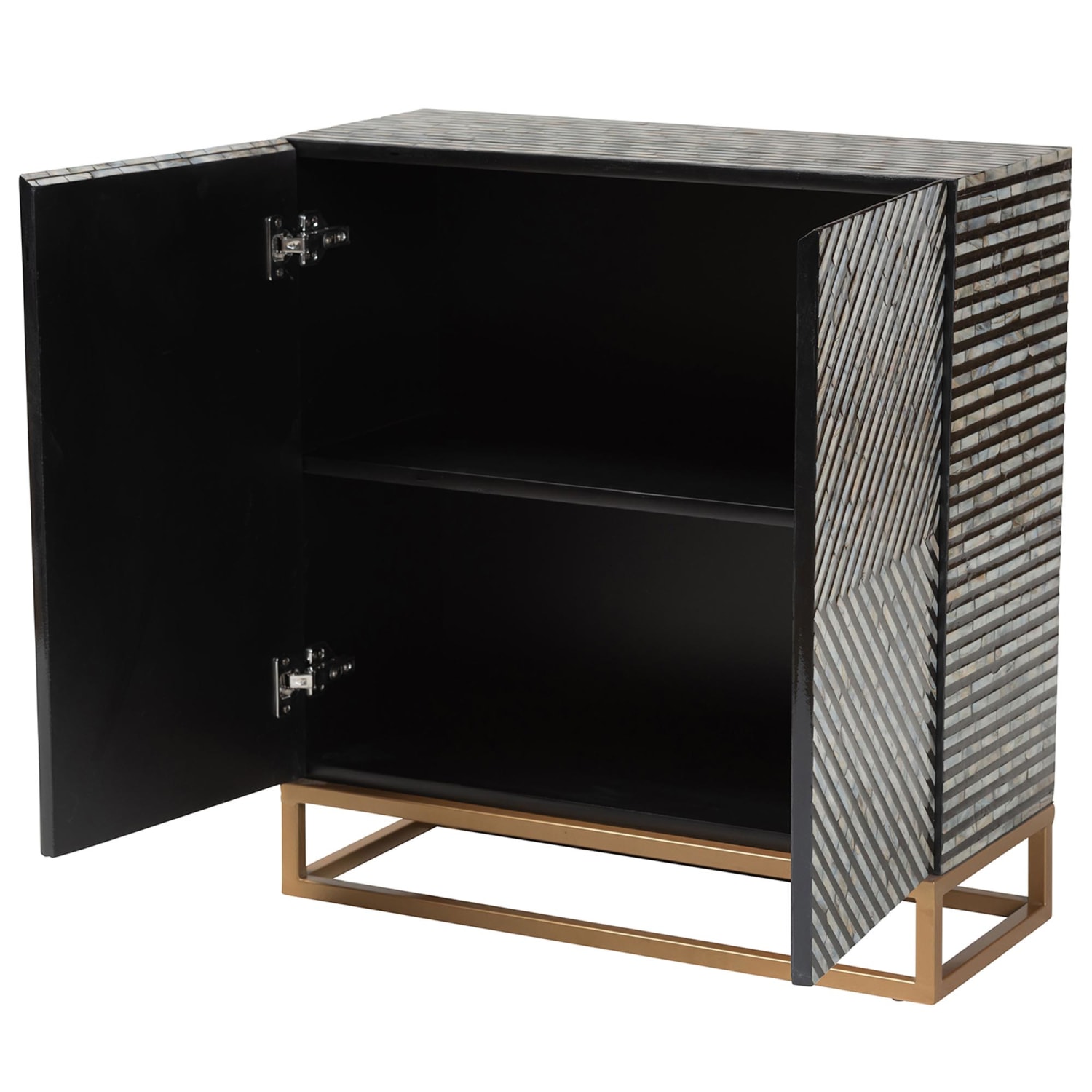 Baxton Studio Belenus 28inW Modern Bohemian Mother of Pearl Storage Cabinet, Striped Black/Gray/Gold - Image 3