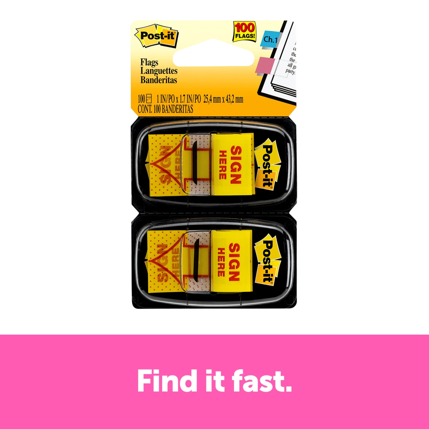 Post-it Flags, 1 in. x 1.7 in., 2 Dispensers, 50 Flags/Dispenser, Yellow, Printed "Sign Here", School Supplies for Students, Flags for Textbooks - Image 4