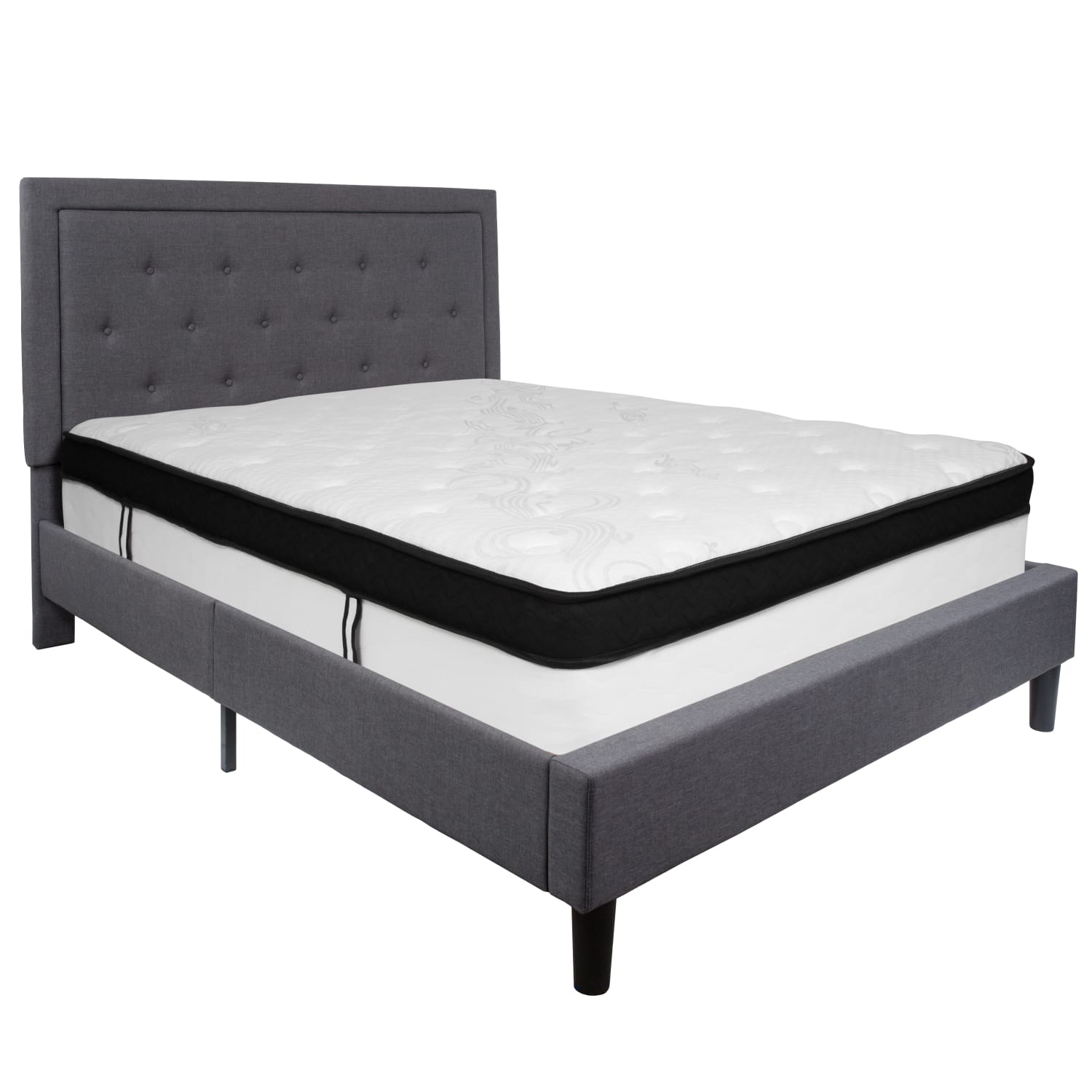 Flash Furniture Roxbury Panel Tufted Upholstered Platform Bed and Memory Foam Pocket Spring Mattress, Queen, 50-3/4inH x 65-3/4inW x 85-3/4inL, Dark Gray - Image 3