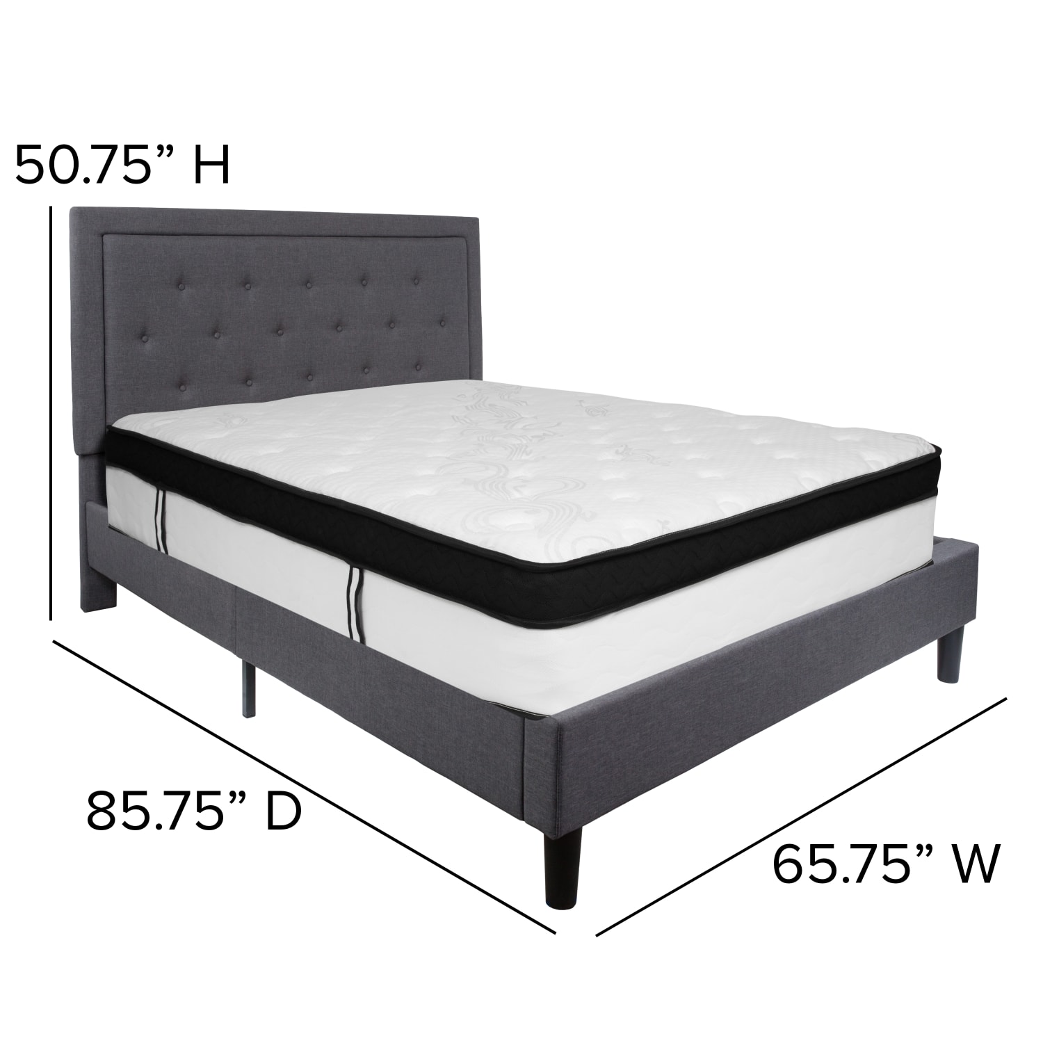 Flash Furniture Roxbury Panel Tufted Upholstered Platform Bed and Memory Foam Pocket Spring Mattress, Queen, 50-3/4inH x 65-3/4inW x 85-3/4inL, Dark Gray - Image 5