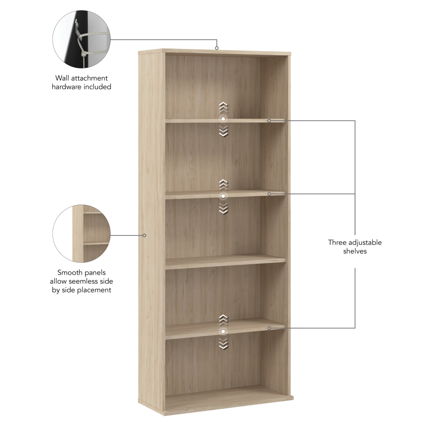 Bush Business Furniture Hustle Tall 5-Shelf Bookcase, Natural Elm, Standard Delivery - Image 5