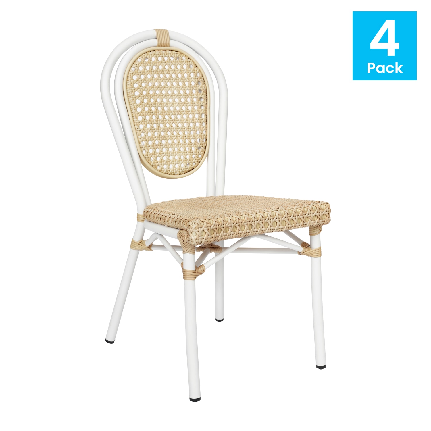 Flash Furniture 4 Pack Cannes Indoor/Outdoor Commercial Thonet Bistro Stacking Chair, PE Cane Rattan and Aluminum Frame, Natural/White Frame - Image 3