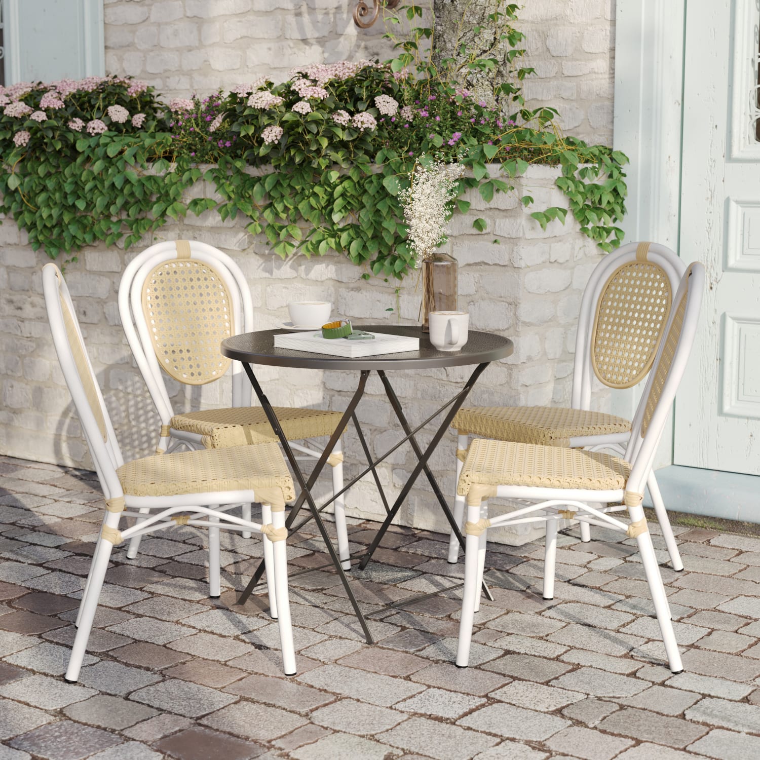 Flash Furniture 4 Pack Cannes Indoor/Outdoor Commercial Thonet Bistro Stacking Chair, PE Cane Rattan and Aluminum Frame, Natural/White Frame - Image 6