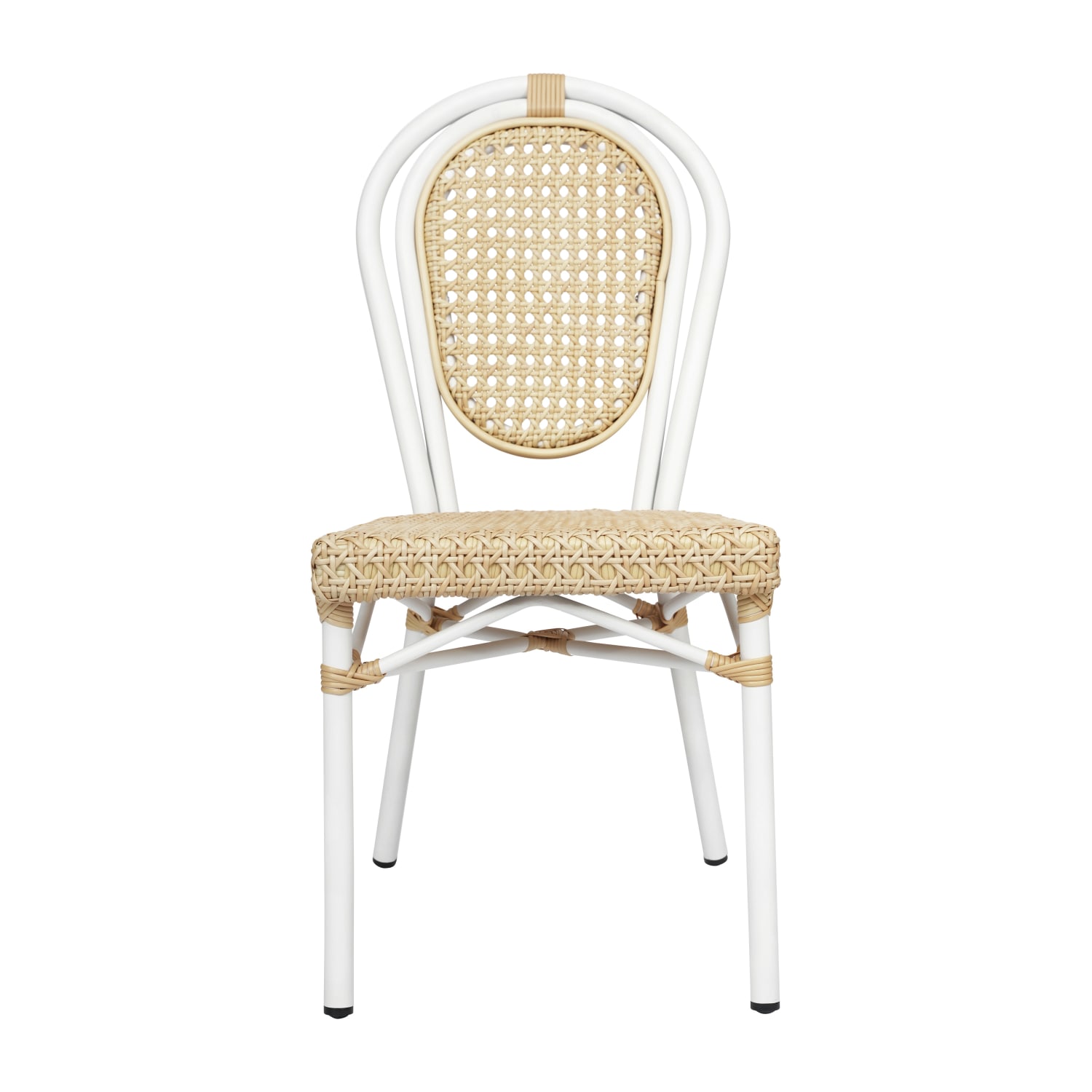 Flash Furniture 4 Pack Cannes IndoorOutdoor Commercial Thonet Bistro Stacking Chair PE Cane Rattan and Aluminum Frame NaturalWhite Frame PopularChairscom
