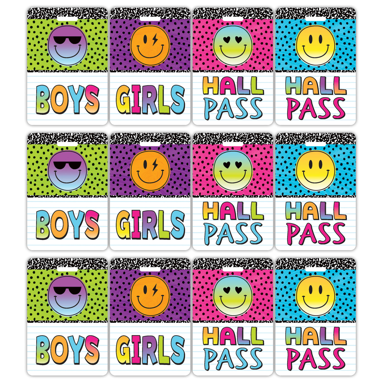 Teacher Created Resources Hall Passes With Lanyards, 16-1/2in, Brights 4Ever, 4 Passes Per Pack, Bundle Of 3 Packs