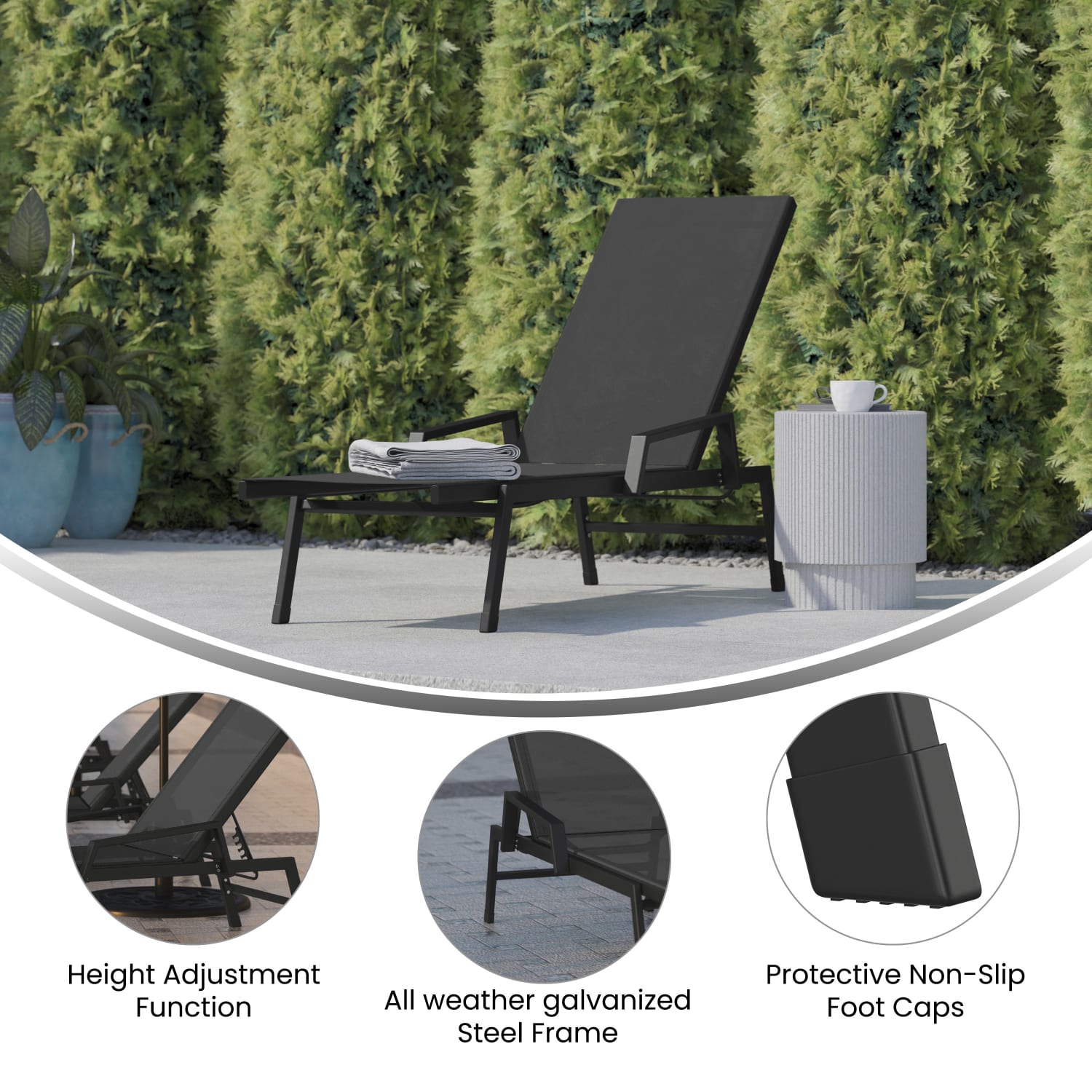 Flash Furniture Brazos Fabric Adjustable Chaise Lounge Chair With Arms, Black - Image 5