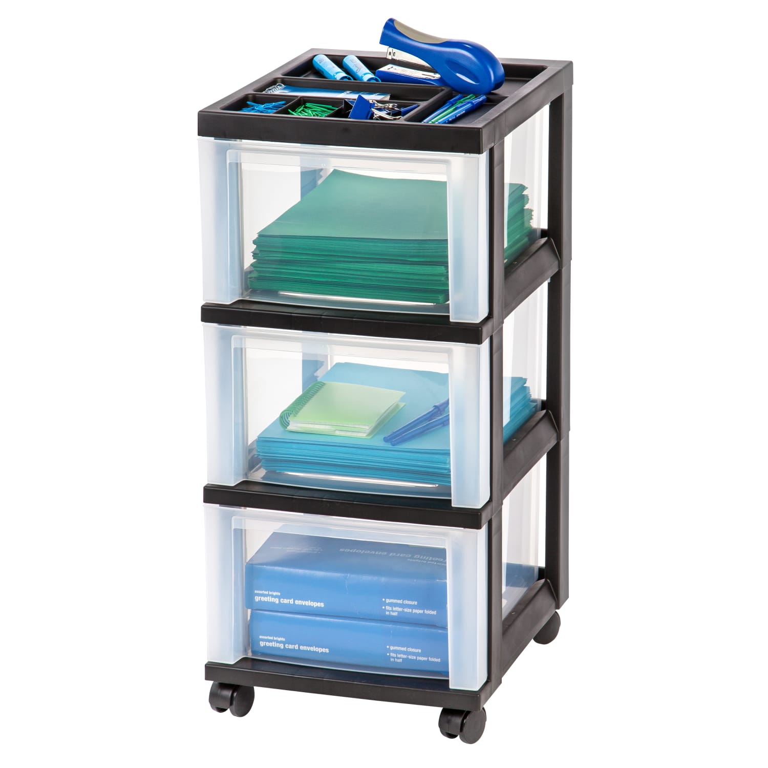Office Depot Brand Plastic 3-Drawer Storage Cart, 26 1/5in x 12 1/10in x 14 3/10in, Black - Image 3