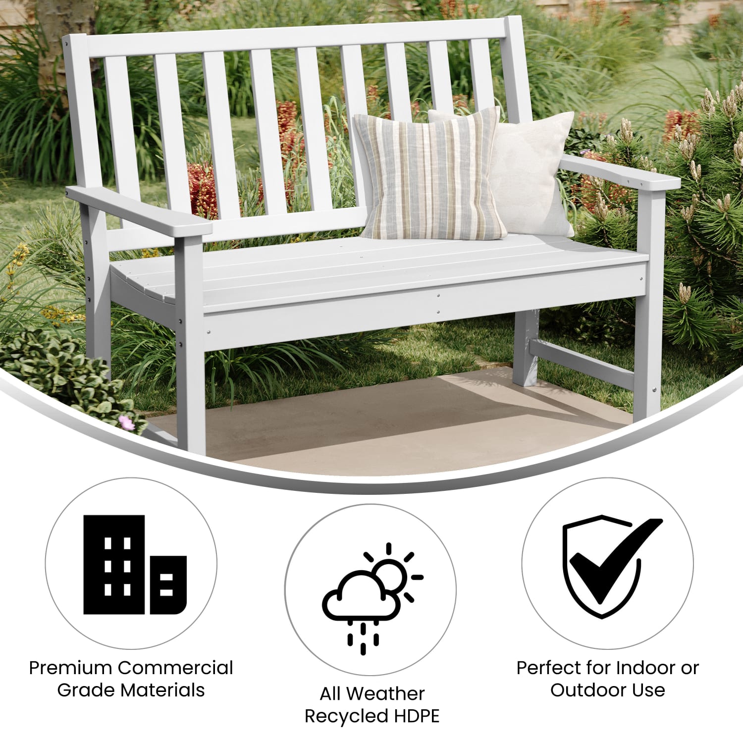 Flash Furniture Ellsworth Commercial Grade All Weather Indoor/Outdoor Recycled HDPE Bench with Contoured Seat, White - Image 4
