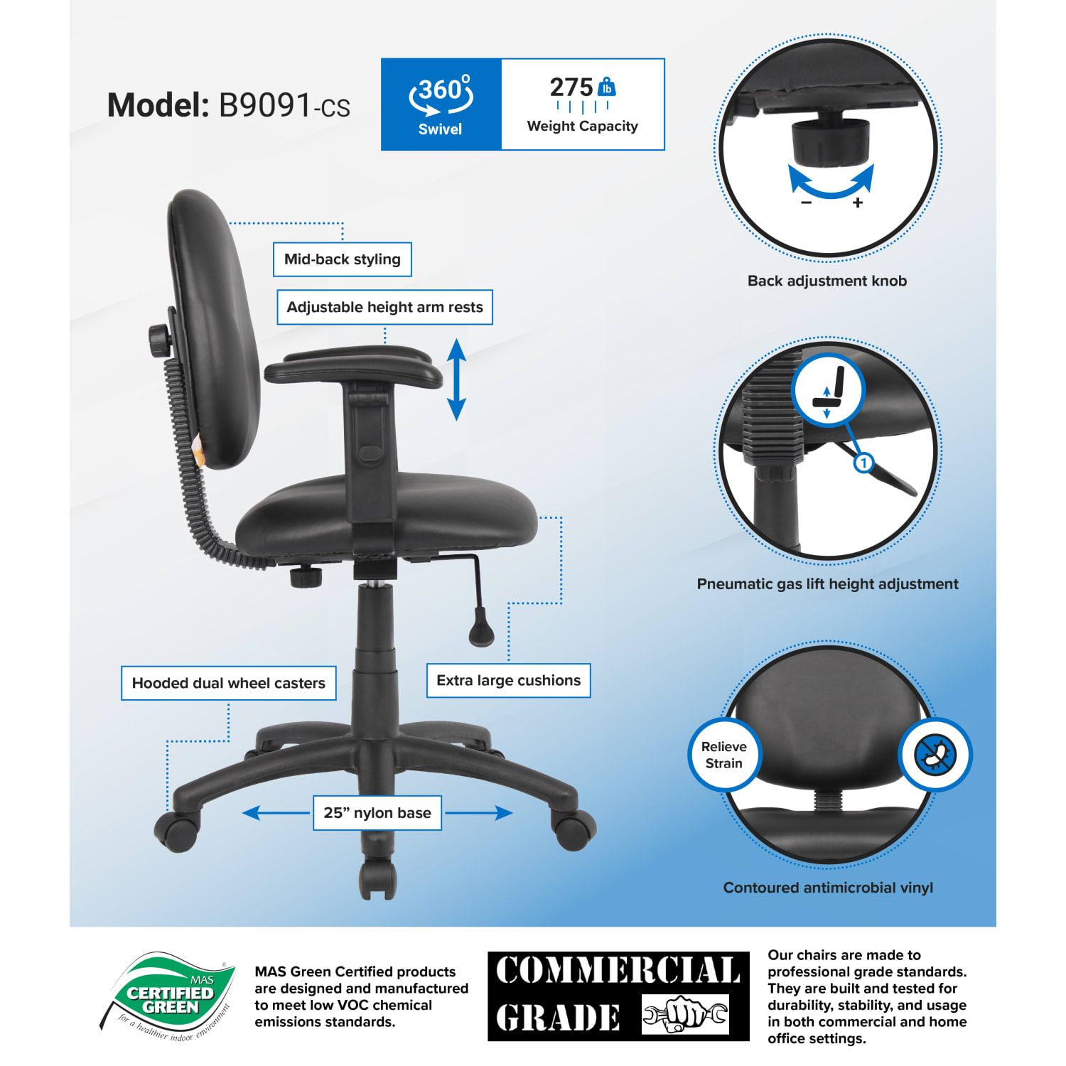 Boss Office Products Task Chair With Antimicrobial Protection Adjustable Arms Black PopularChairscom