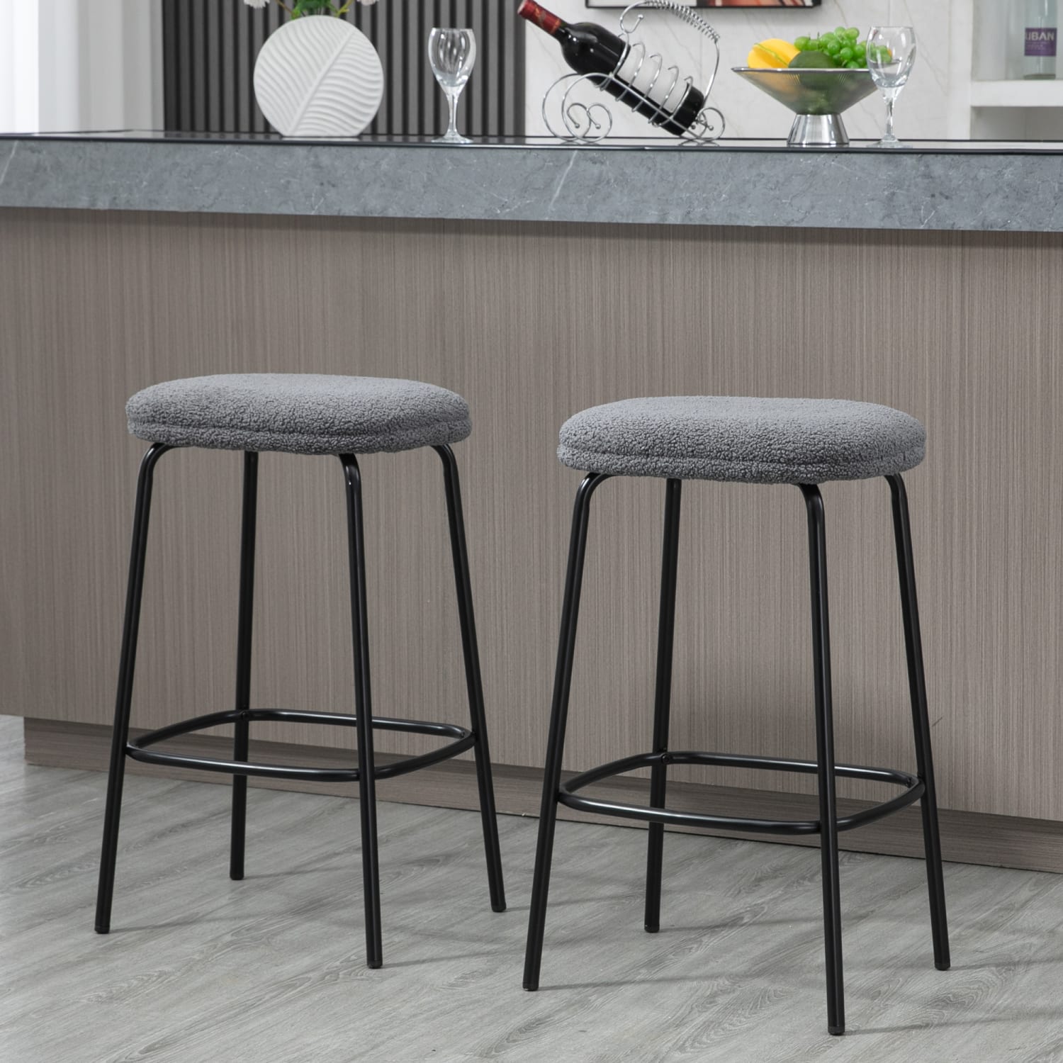 Glamour Home Ayana Boucle Fabric Backless Counter Stools, Gray/Black, Set Of 2 Stools - Image 3