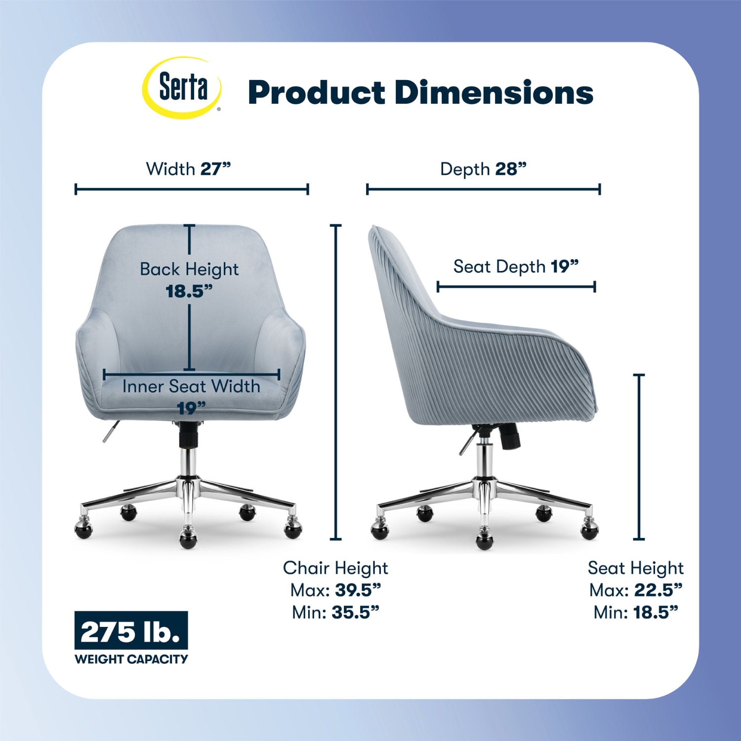 Serta Chloe Ergonomic Fabric Mid-Back Home Office Chair, Ash Blue - Image 4