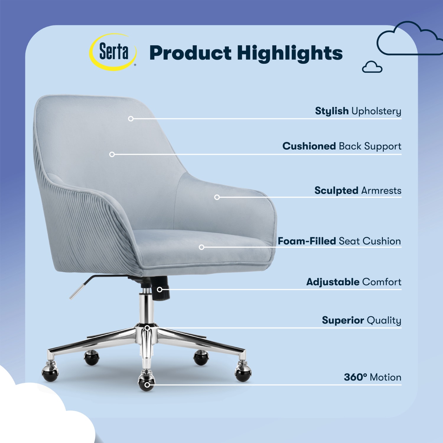 Serta® Chloe Ergonomic Fabric Mid Back Home Office Chair Ash Blue PopularChairscom
