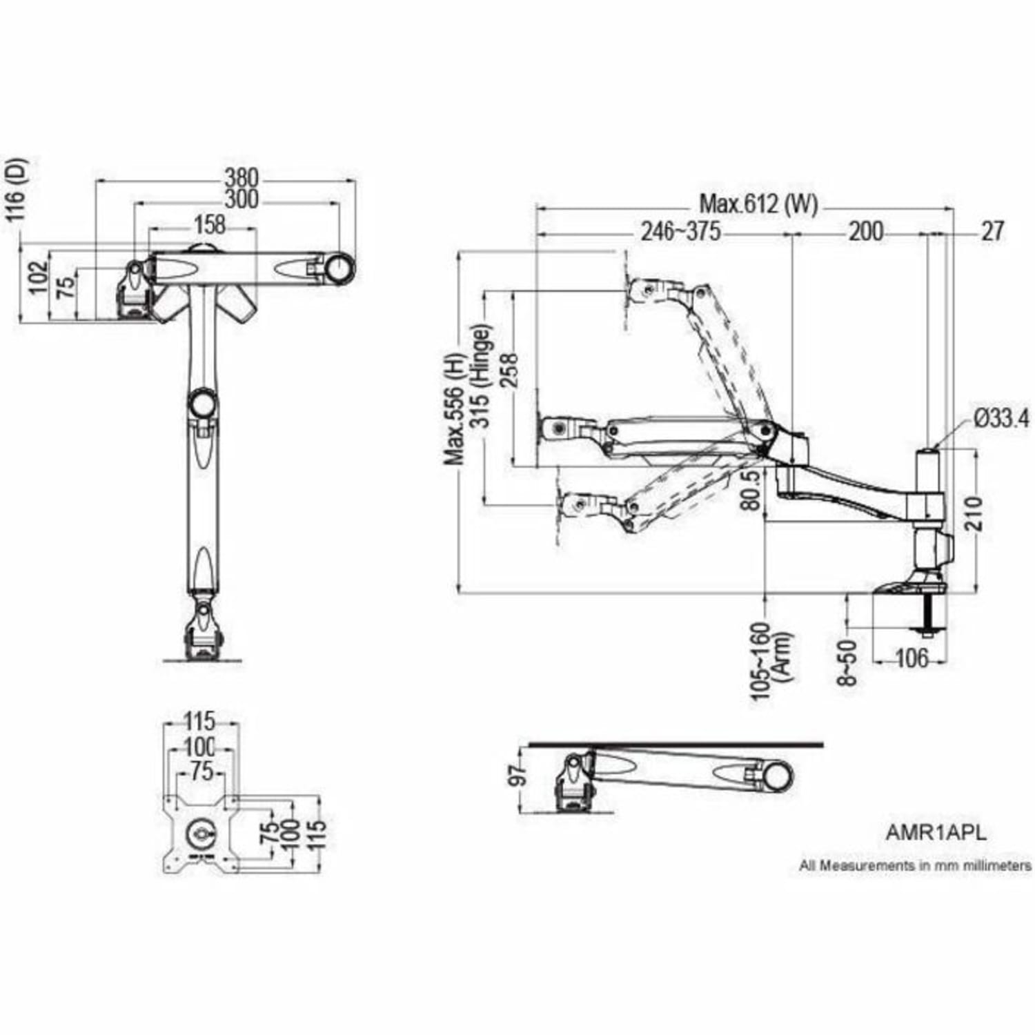 Amer Mounts Long Articulating Monitor Arm with Grommet Base for 15in-26in LCD/LED Screens - Supports up to 22lb monitors, +90/- 20 degree tilt and VESA 75/100 - Image 6