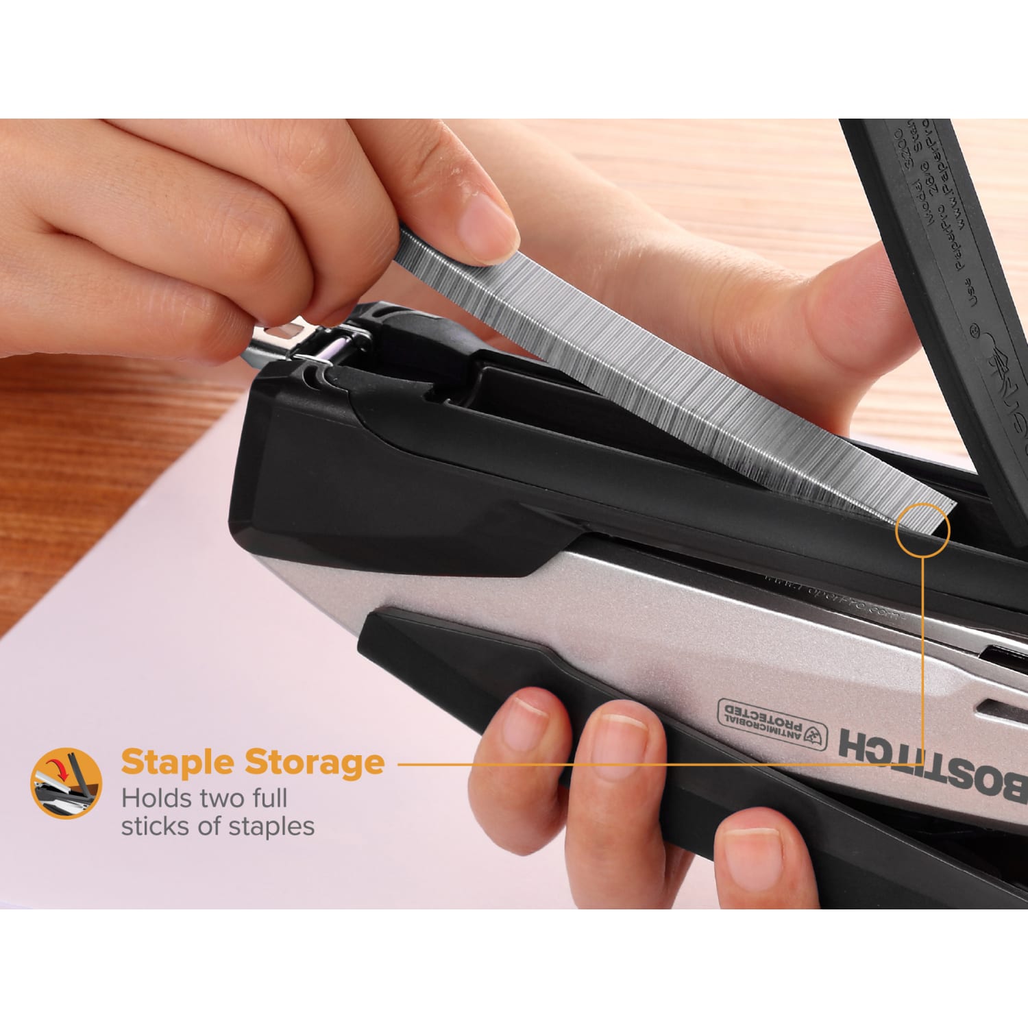 Bostitch InPower Premium Spring-Powered Desktop Stapler, 28 Sheets Capacity, Black/Silver - Image 6