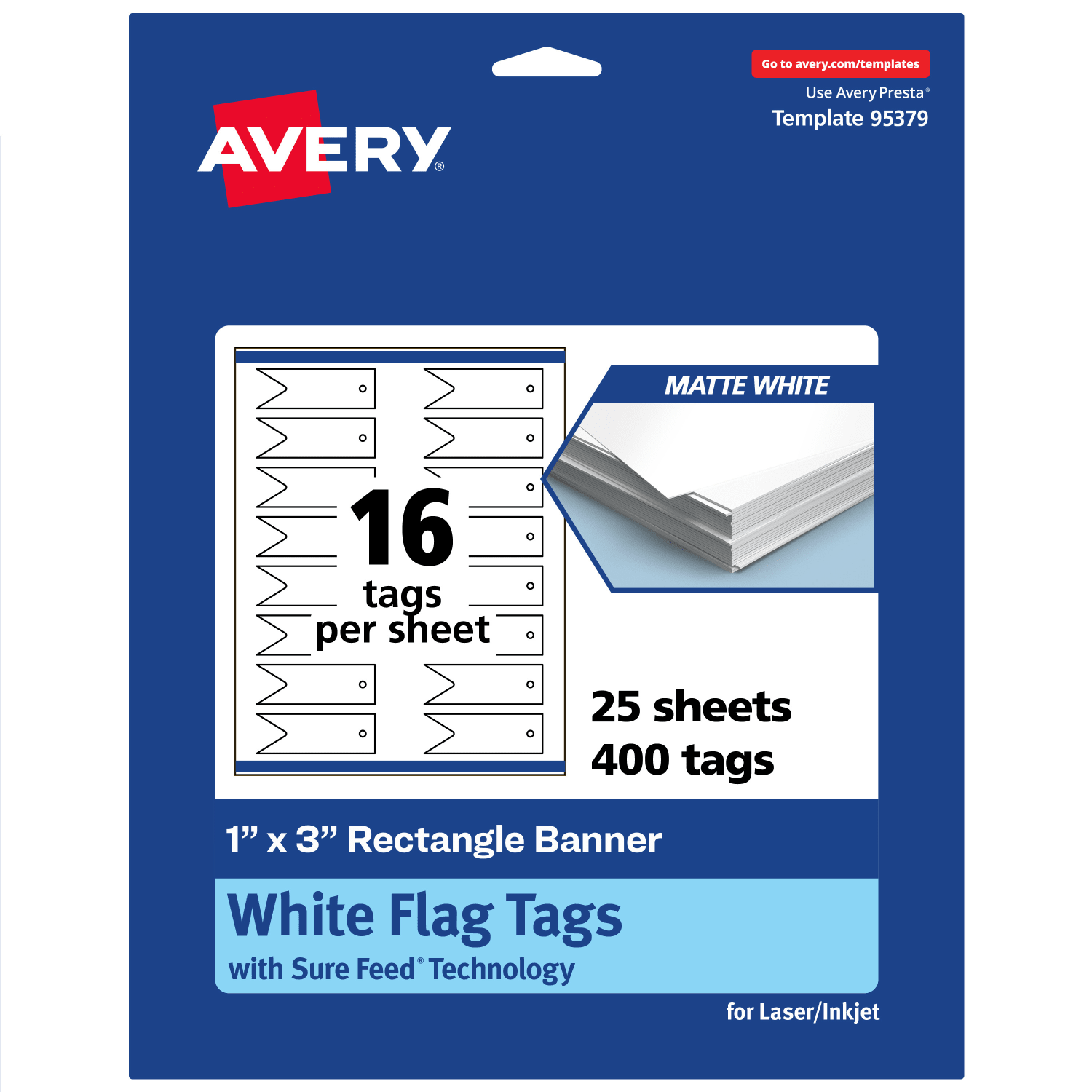 Avery Print-To-The-Edge Flag Tags With Sure Feed Technology, 1inx3in Rectangle Banner, Matte White, Pack Of 400