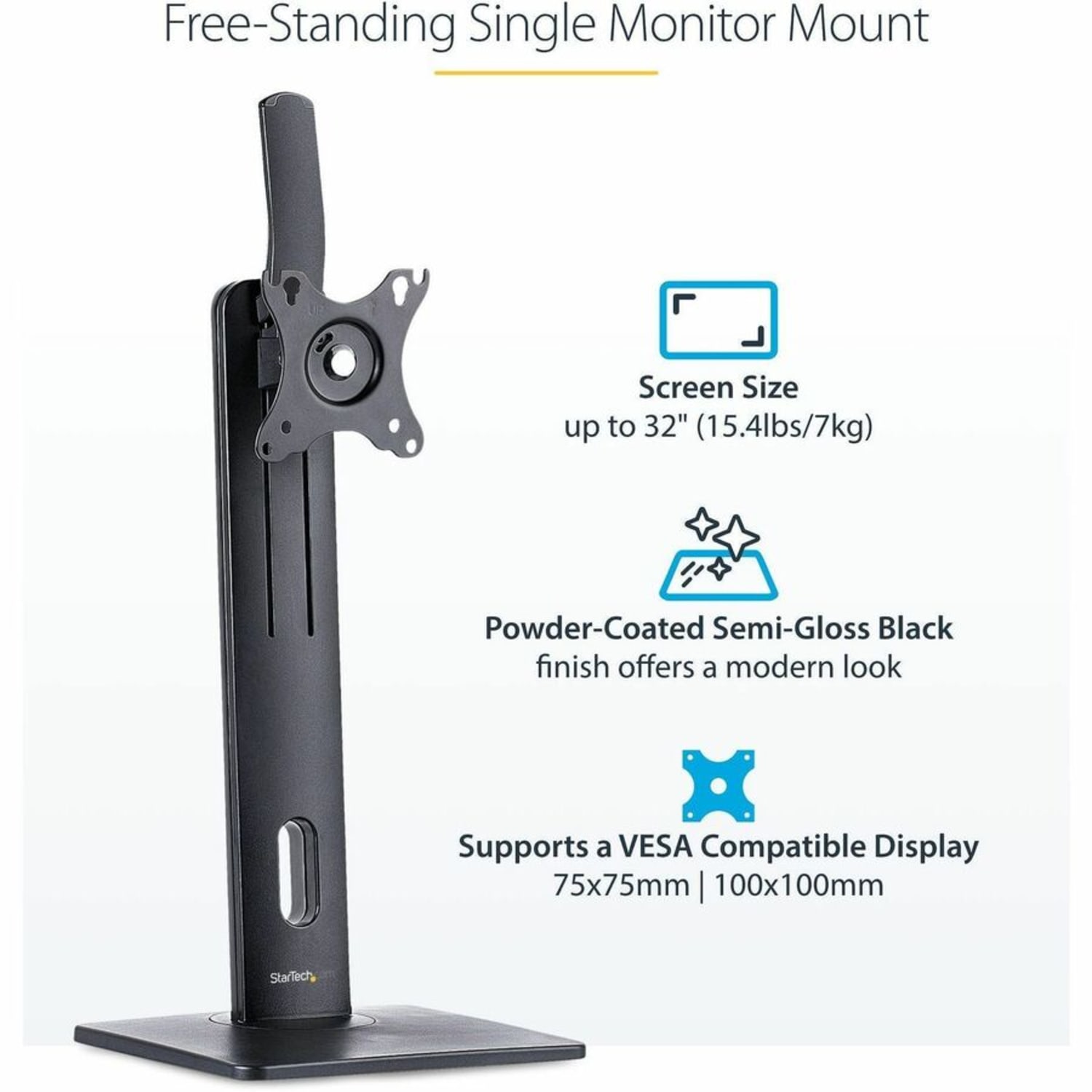 StarTech.com Free Standing Single Monitor Mount, Height Adjustable Ergonomic Monitor Desk Stand, For VESA Mount Displays up to 32in (15lb) - Image 3