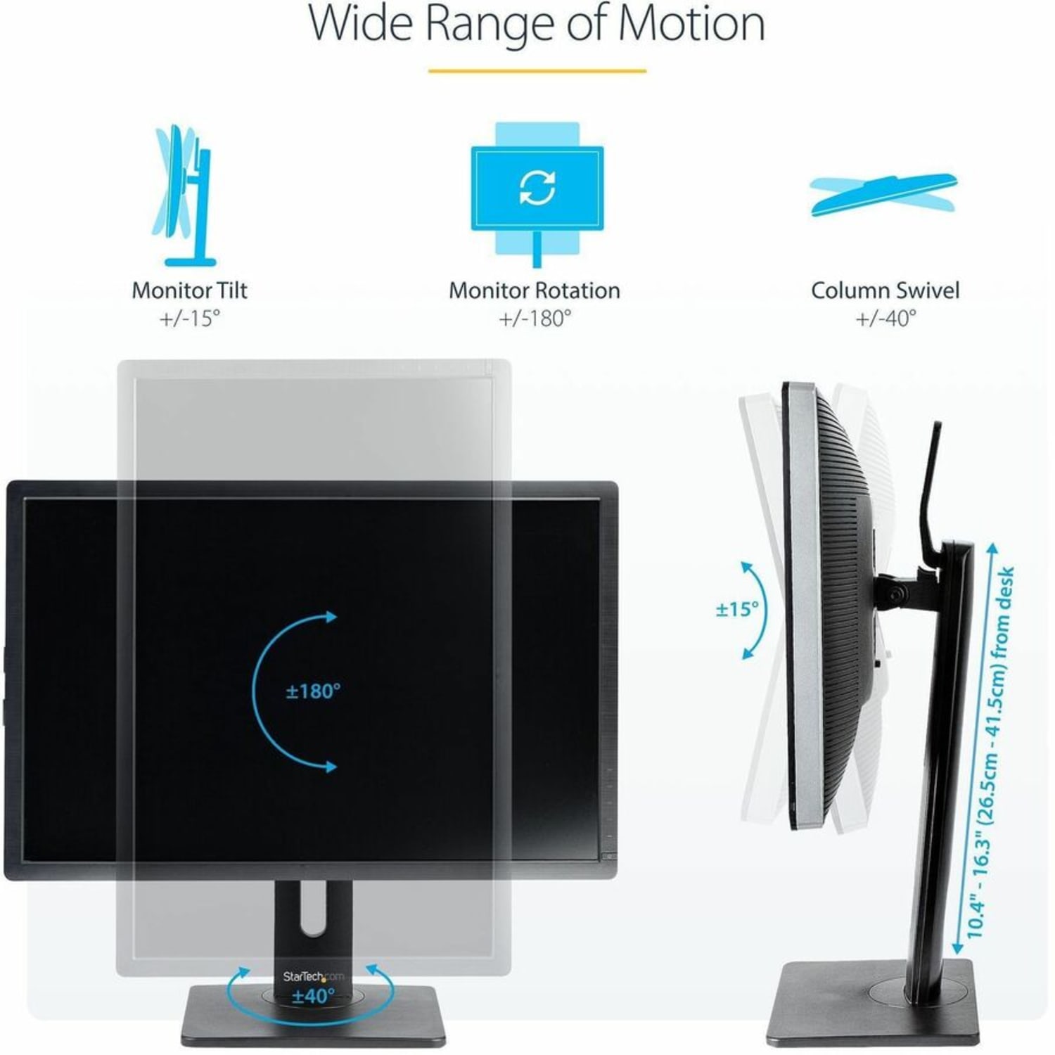 StarTech.com Free Standing Single Monitor Mount, Height Adjustable Ergonomic Monitor Desk Stand, For VESA Mount Displays up to 32in (15lb) - Image 4