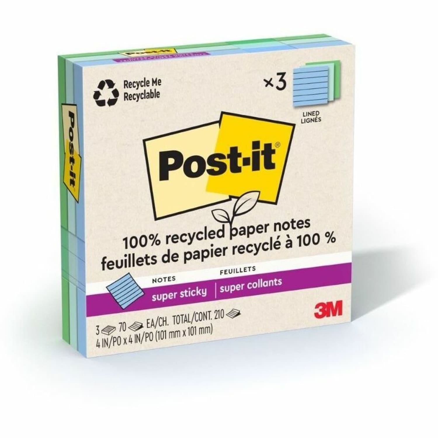 Post-it Super Sticky Adhesive Note - 210 - 4in Flag/Note Wx4in Flag/Note L- 70 Sheets per Pad - Ruled - Assorted Oasis - 3/Pack - 675R3SST