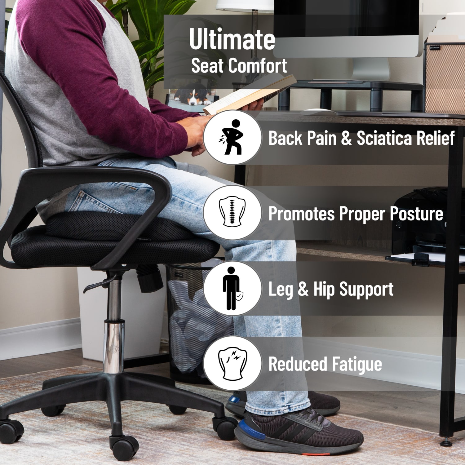 Mind Reader Memory Foam Seat Cushion, 2-3/4inH x 13-1/2inW x18inD, Black - Image 4