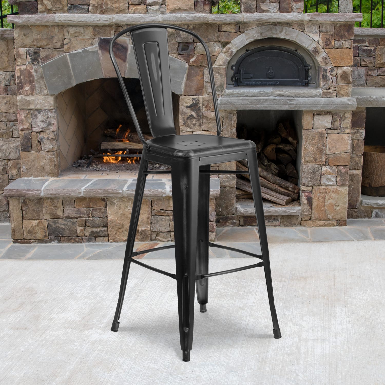 Flash Furniture Commercial-Grade 30inH Distressed Metal Bar Stool, Black